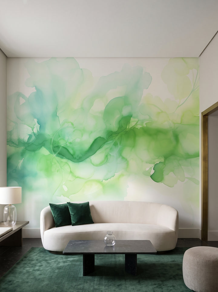 Fototapeta artystyczna o nazwie Zielona Fantazja w aranżacji wnętrza: lobby w butikowym hotelu designerskim.
