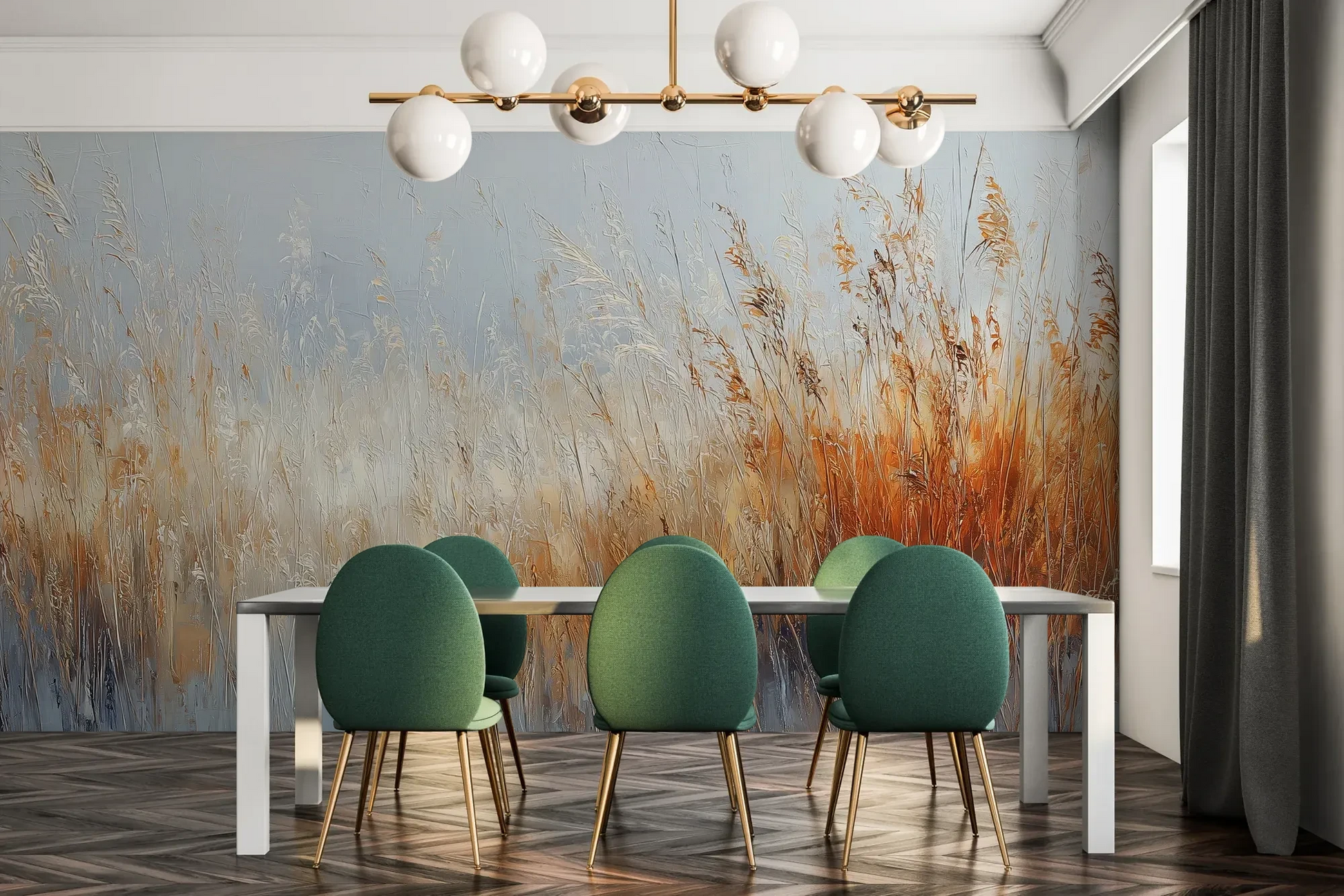 Fototapeta MORNING HAZE - tapeta z mglistym krajobrazem traw o świcie pokazana w aranżacji jadalni.