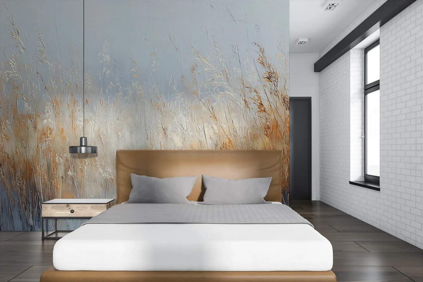 Wzór fototapety MORNING HAZE - tapeta z mglistym krajobrazem traw o świcie pokazanej w aranżacji sypialni.