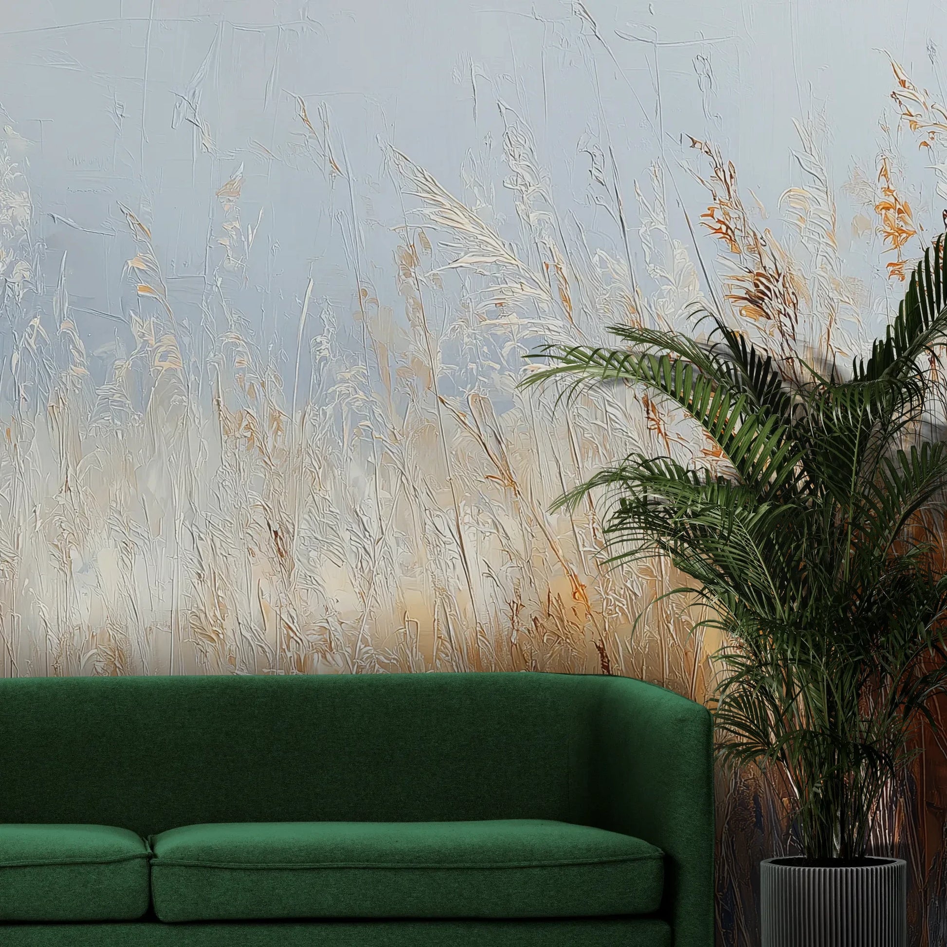 Fototapeta MORNING HAZE - tapeta z mglistym krajobrazem traw o świcie pokazana w aranżacji wnętrza z akcentem na ścianie.