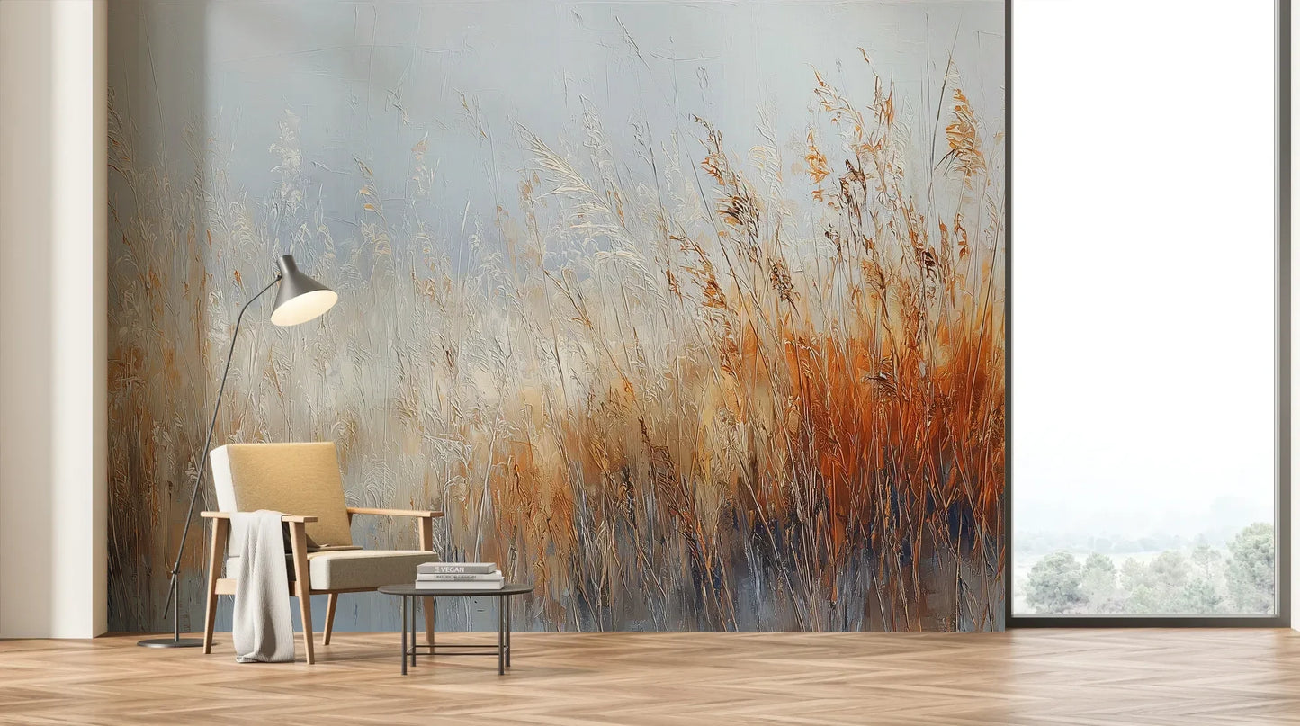 Wzór fototapety MORNING HAZE - tapeta z mglistym krajobrazem traw o świcie pokazanej w aranżacji salonu.