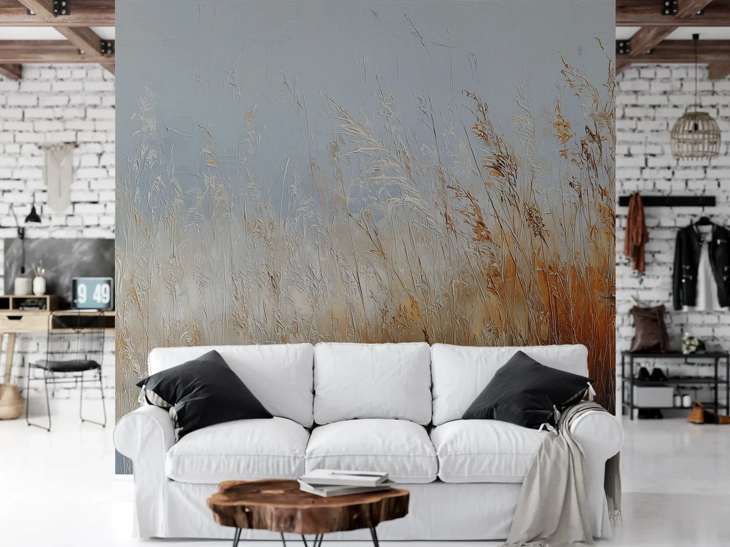 Wzór fototapety MORNING HAZE - tapeta z mglistym krajobrazem traw o świcie pokazanej w aranżacji salonu.