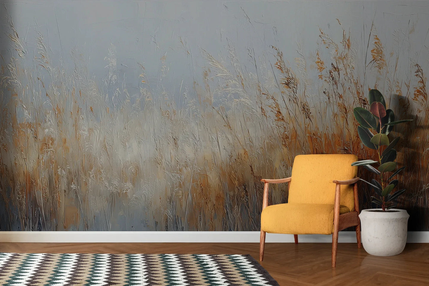 Wzór fototapety MORNING HAZE - tapeta z mglistym krajobrazem traw o świcie pokazanej w aranżacji salonu.