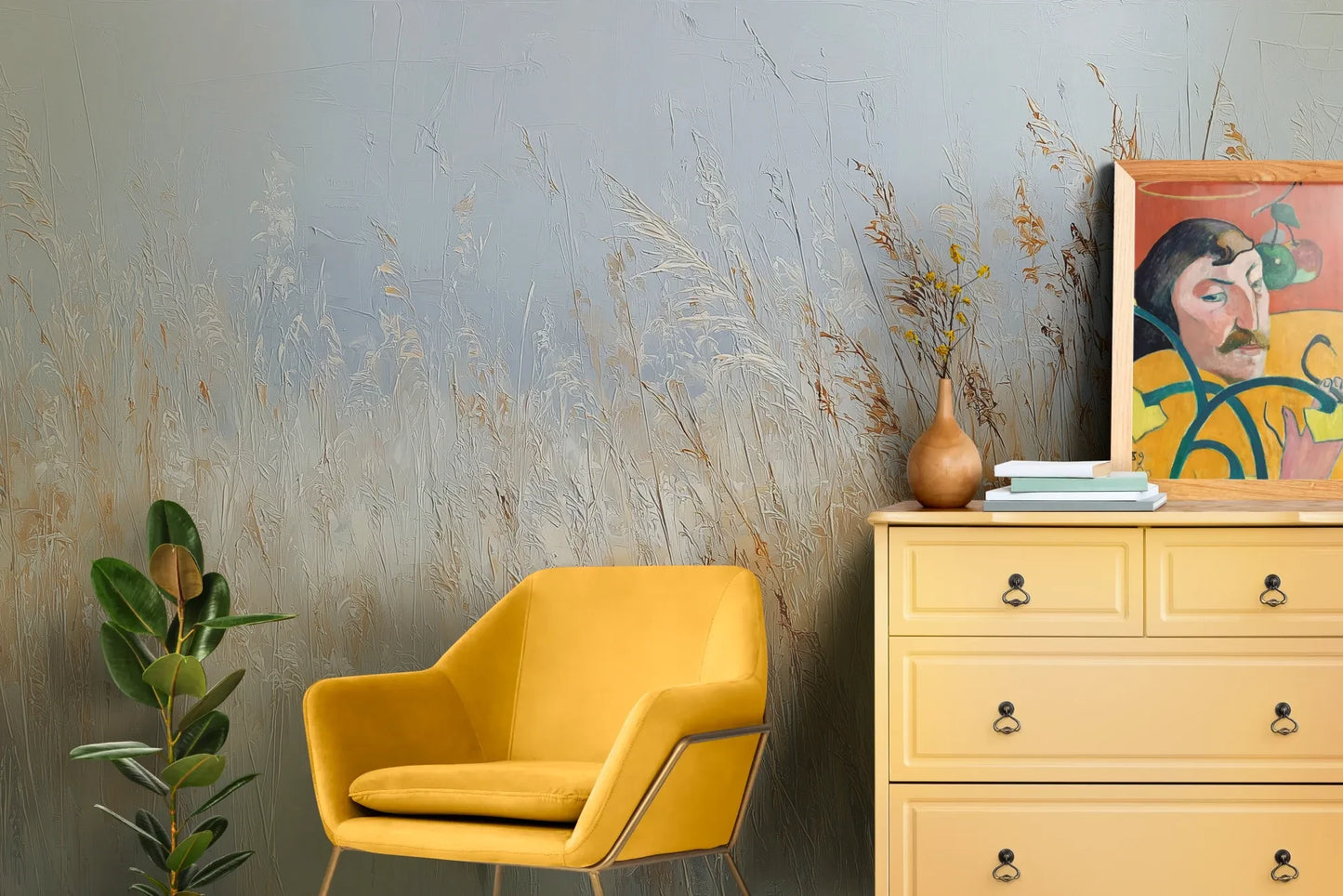 Wzór fototapety MORNING HAZE - tapeta z mglistym krajobrazem traw o świcie pokazanej w aranżacji salonu.