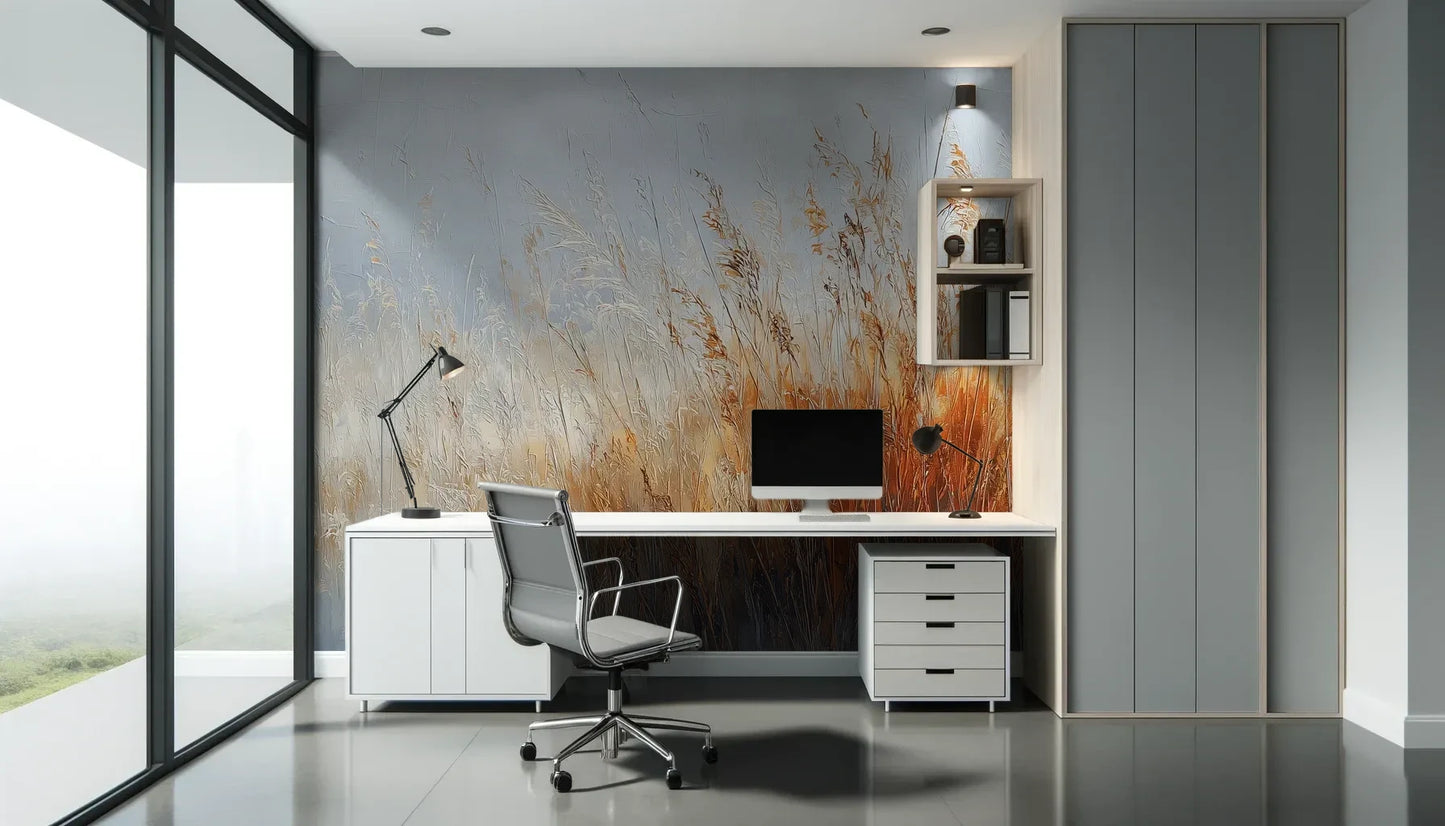 Fototapeta MORNING HAZE - tapeta z mglistym krajobrazem traw o świcie pokazana w aranżacji biura.