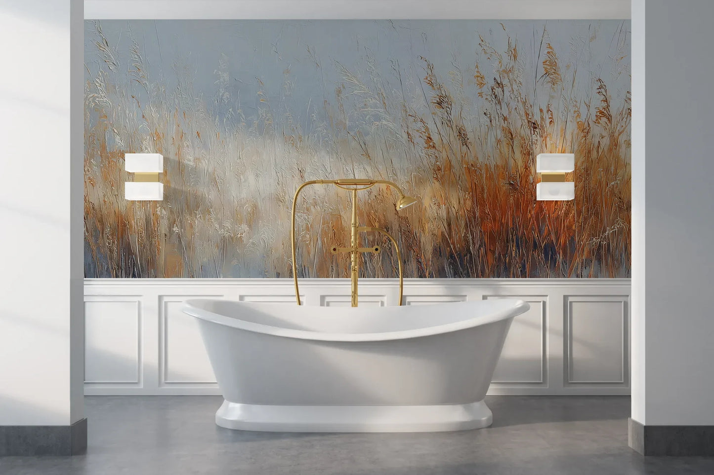 Wzór fototapety MORNING HAZE - tapeta z mglistym krajobrazem traw o świcie pokazanej w aranżacji łazienki.
