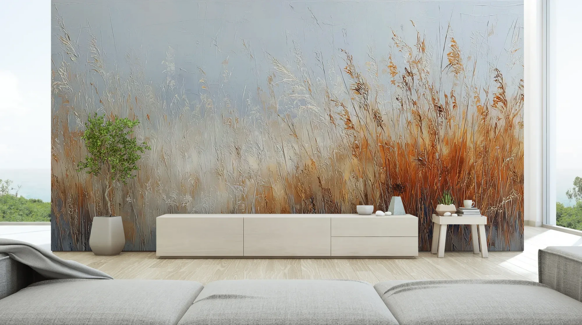 Wzór fototapety MORNING HAZE - tapeta z mglistym krajobrazem traw o świcie pokazanej w aranżacji salonu.