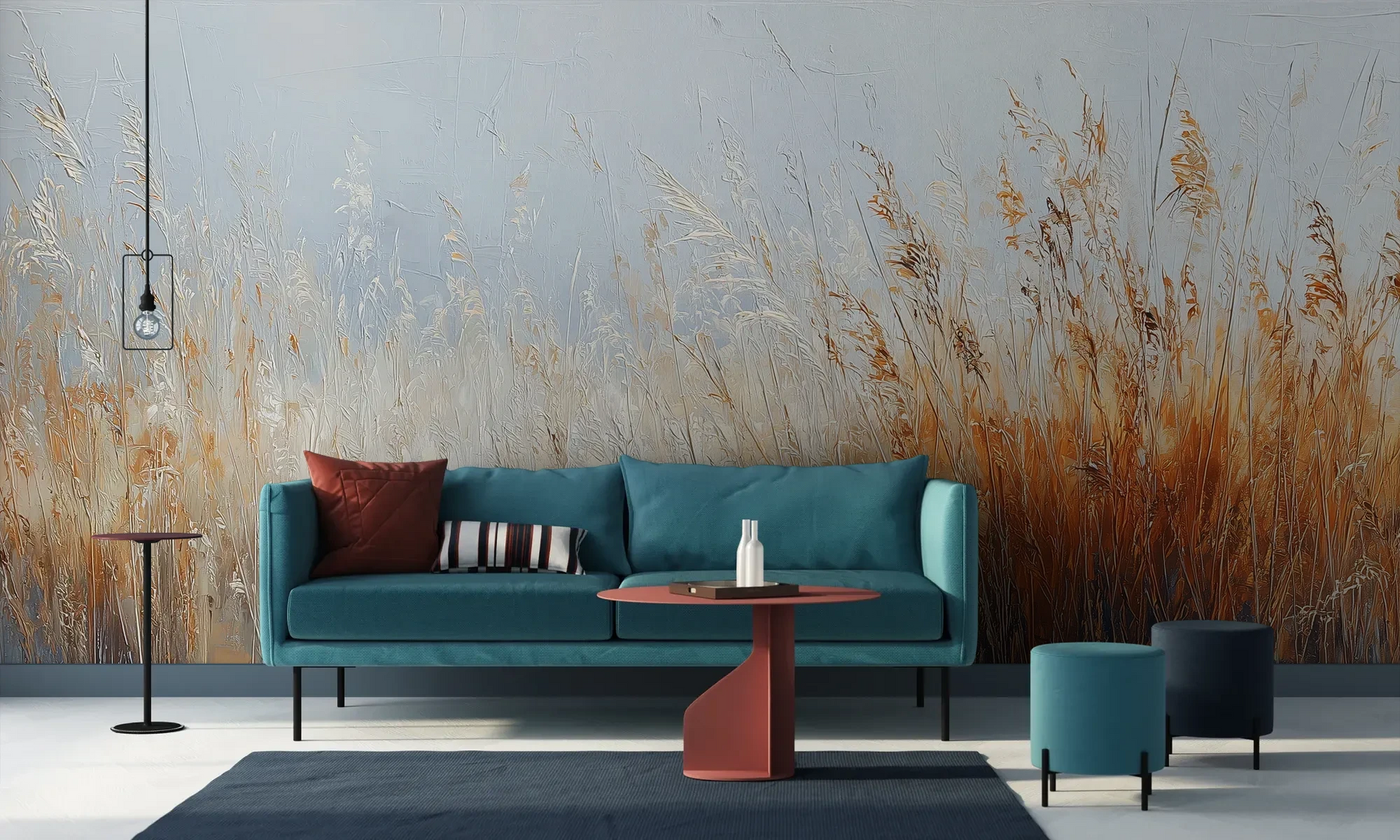 Wzór fototapety MORNING HAZE - tapeta z mglistym krajobrazem traw o świcie pokazanej w aranżacji salonu.