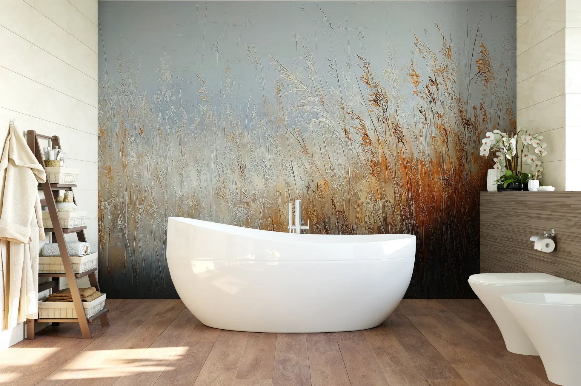 Wzór fototapety MORNING HAZE - tapeta z mglistym krajobrazem traw o świcie pokazanej w aranżacji łazienki.