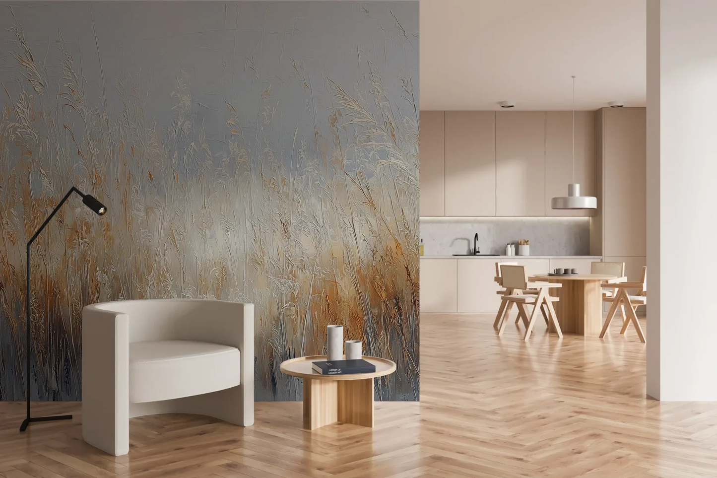 Wzór fototapety MORNING HAZE - tapeta z mglistym krajobrazem traw o świcie pokazanej w aranżacji kuchni.