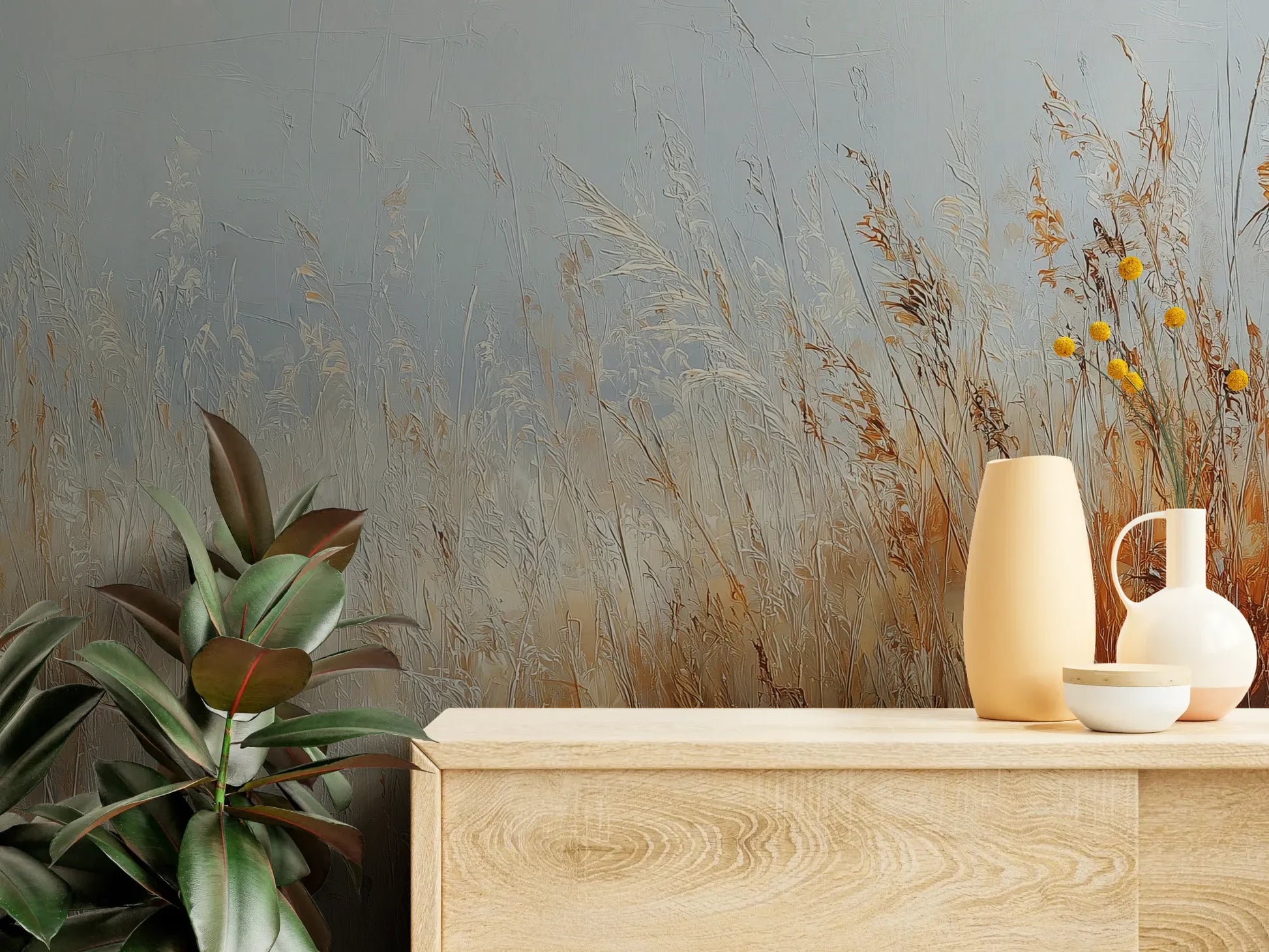 Fototapeta MORNING HAZE - tapeta z mglistym krajobrazem traw o świcie pokazana w aranżacji wnętrza z akcentem na ścianie.