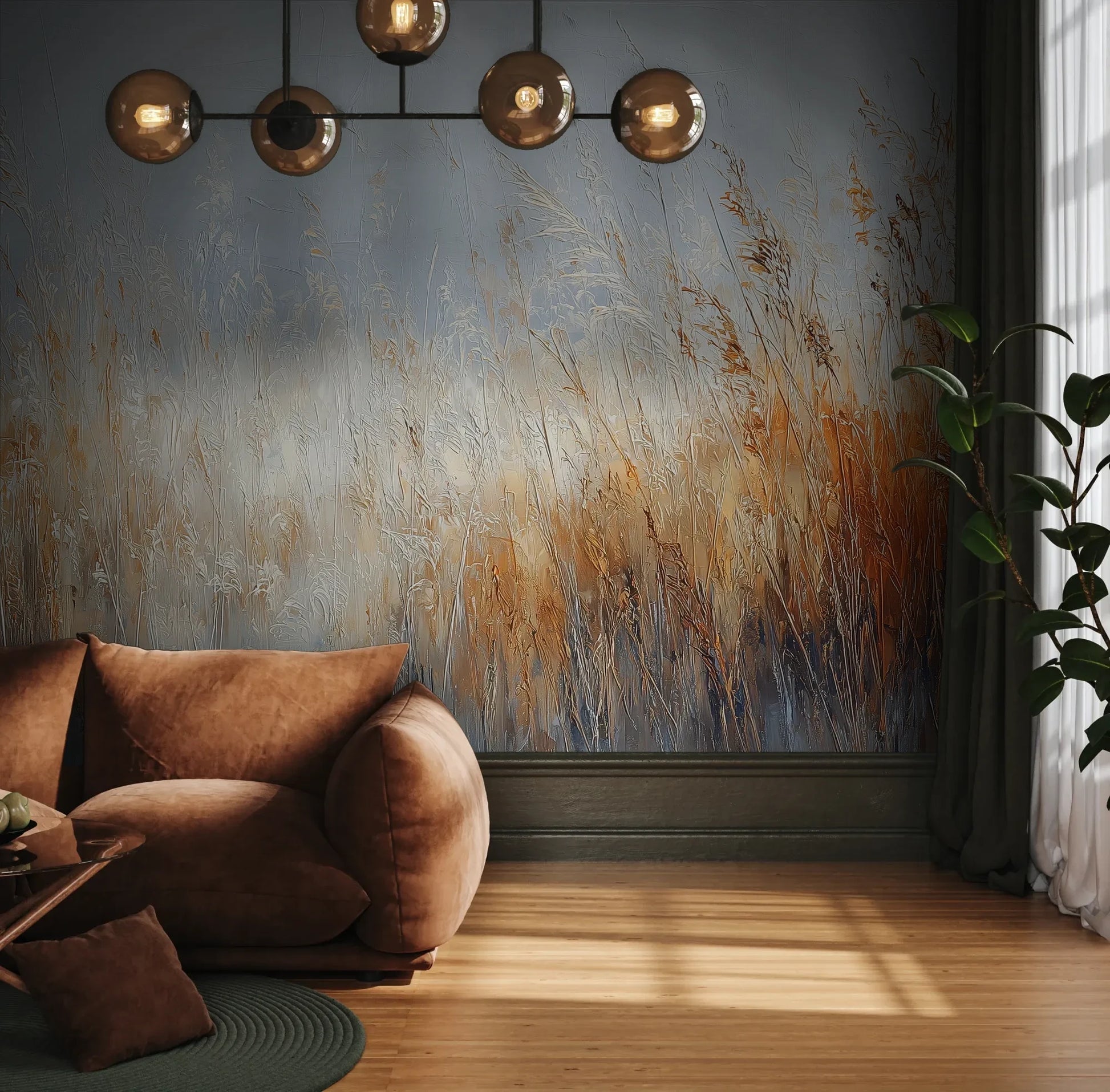 Fototapeta MORNING HAZE - tapeta z mglistym krajobrazem traw o świcie pokazana w aranżacji wnętrza z akcentem na ścianie.