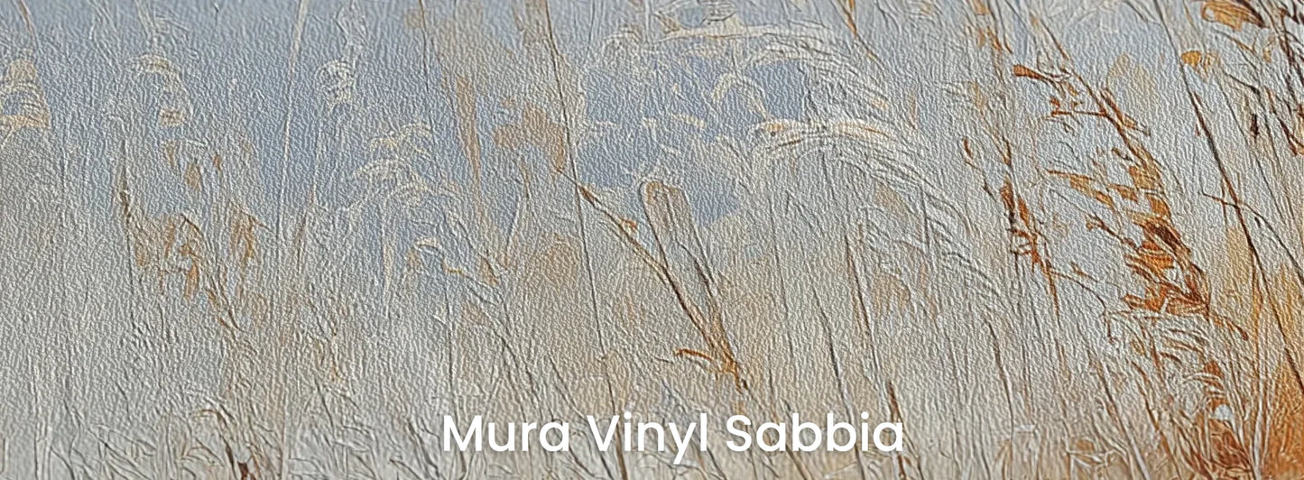 Zbliżenie na fototapetę MORNING HAZE - tapeta z mglistym krajobrazem traw o świcie na podłożu o strukturze ziarna piasku.