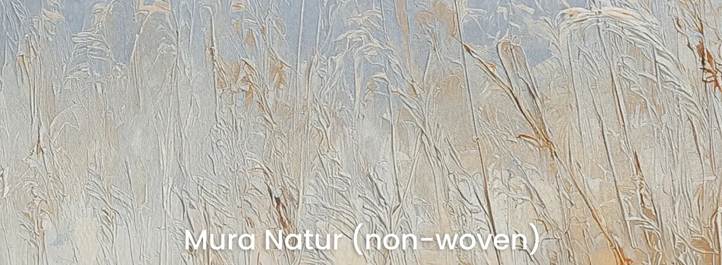 Zbliżenie na fototapetę MORNING HAZE - tapeta z mglistym krajobrazem traw o świcie na naturalnym podłożu ekologicznym.