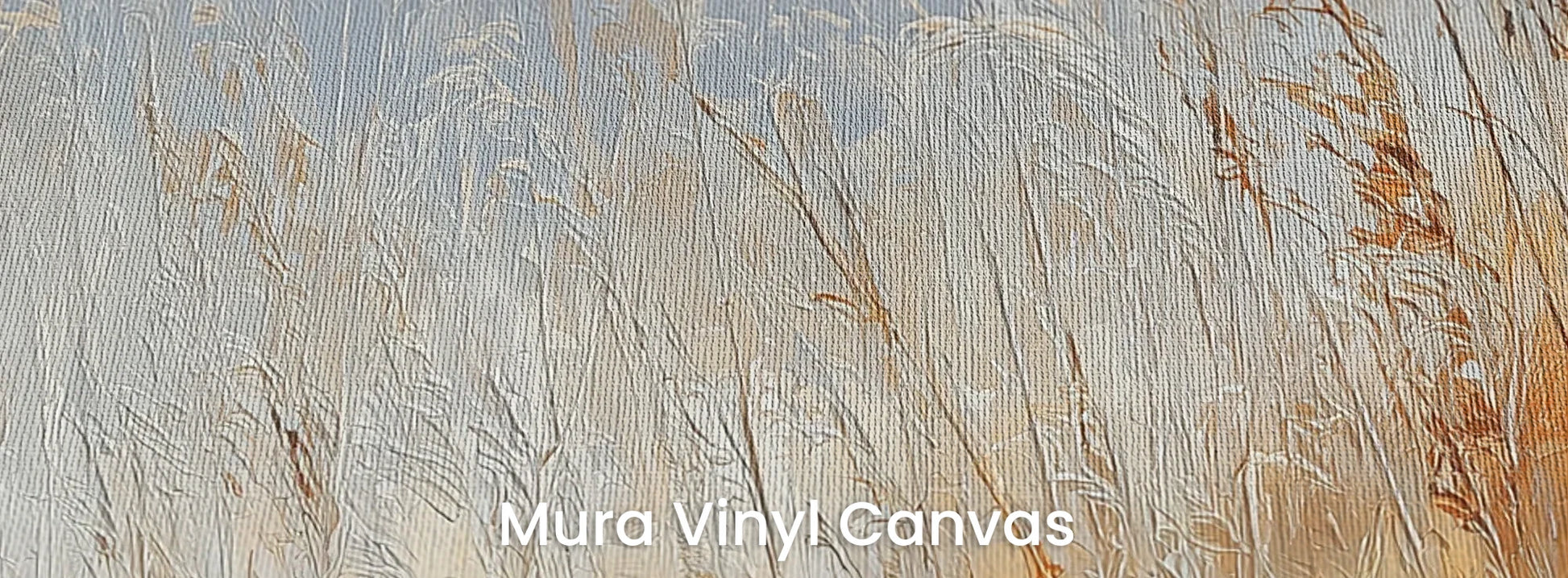 Zbliżenie na fototapetę MORNING HAZE - tapeta z mglistym krajobrazem traw o świcie na podłożu o fakturze płótna.