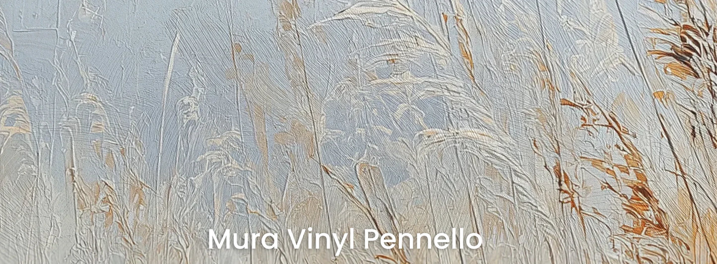 Zbliżenie na fototapetę MORNING HAZE - tapeta z mglistym krajobrazem traw o świcie na podłożu o fakturze pociągnięć pędzla.