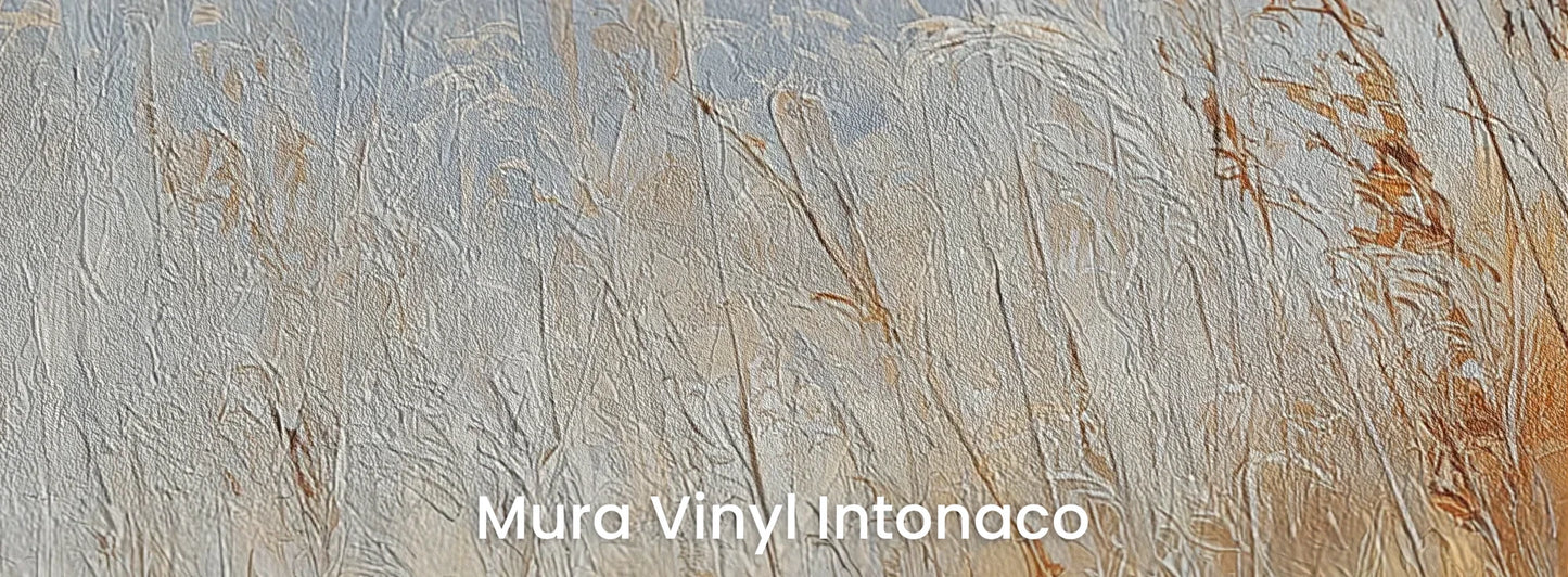 Zbliżenie na fototapetę MORNING HAZE - tapeta z mglistym krajobrazem traw o świcie na podłożu o strukturze tartego tynku.