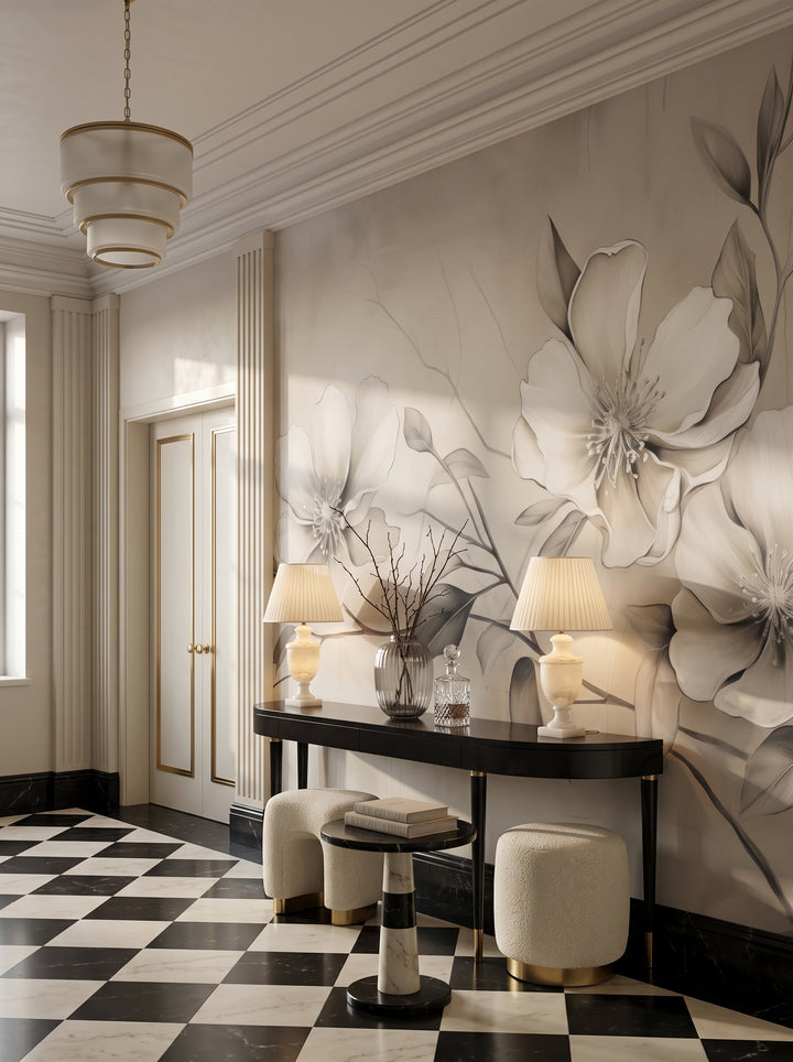 Fototapeta artystyczna o nazwie Monochrome Elegance #2 w aranżacji wnętrza: galeria wejściowa w apartamencie art déco.
