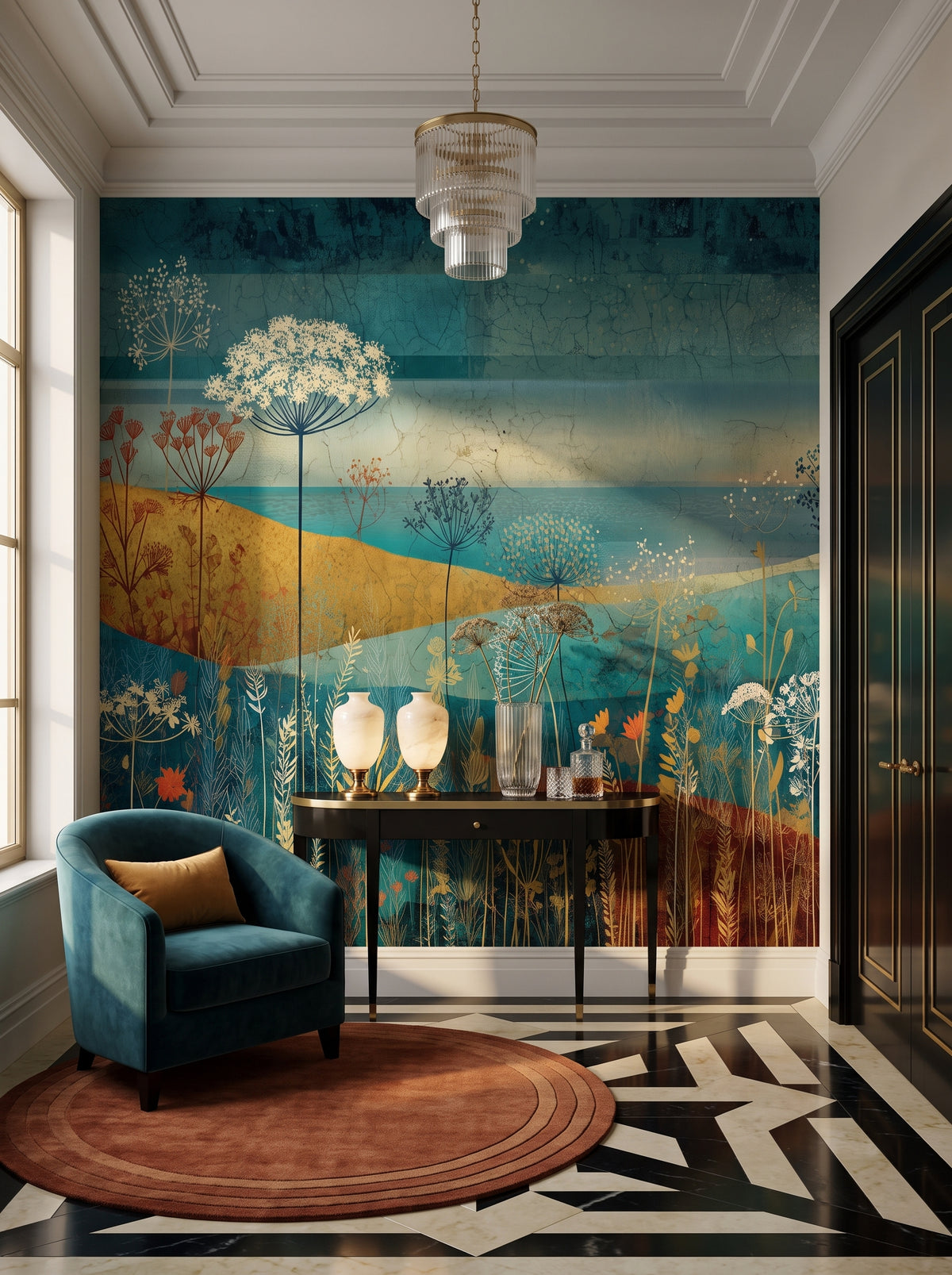 Fototapeta artystyczna o nazwie AMBER WILDSCAPE w aranżacji wnętrza: galeria wejściowa w apartamencie Art Deco.