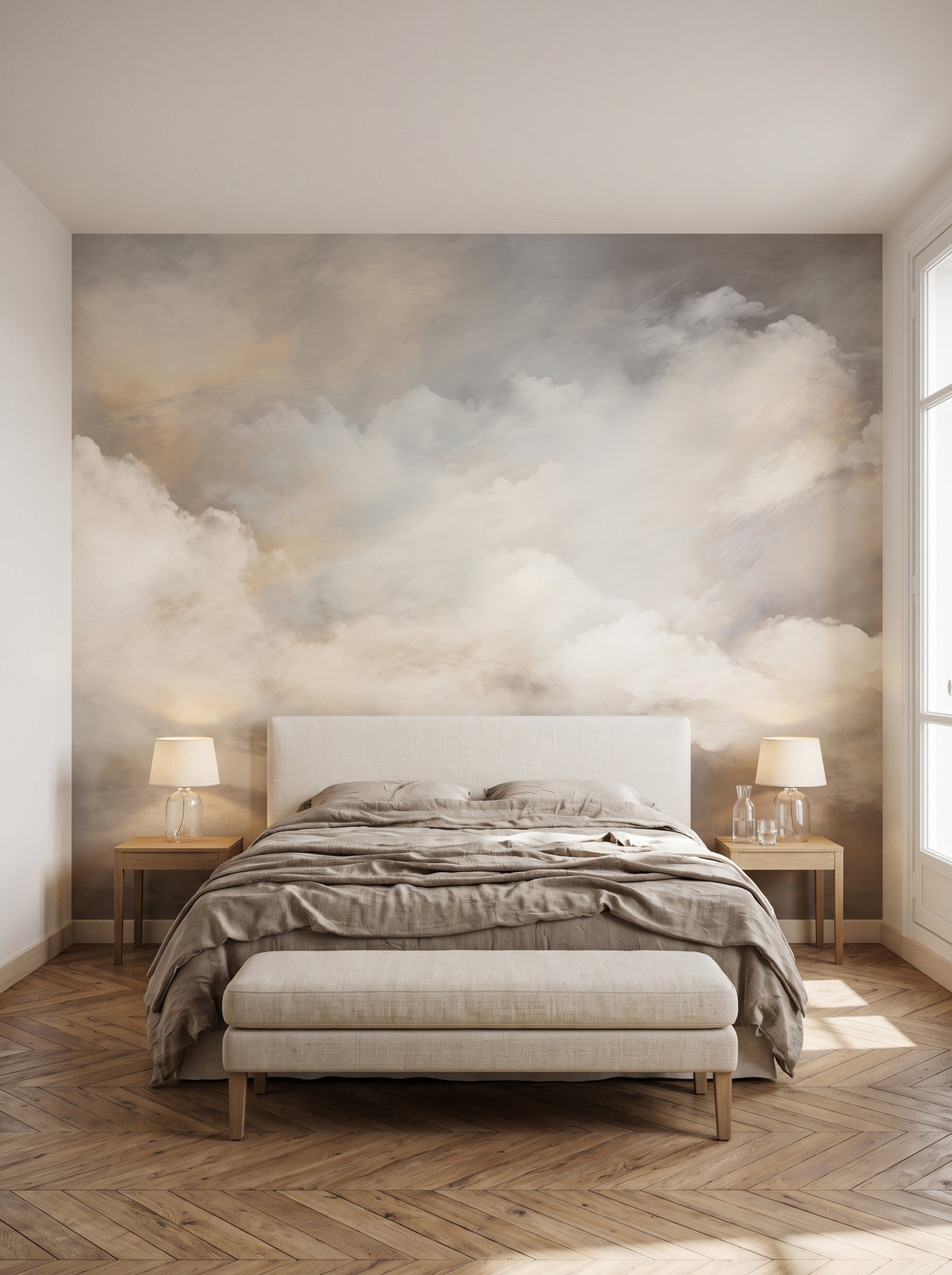 Fototapeta artystyczna o nazwie CELESTIAL WHISPERS w aranżacji wnętrza: sypialnia w paryskim apartamencie.