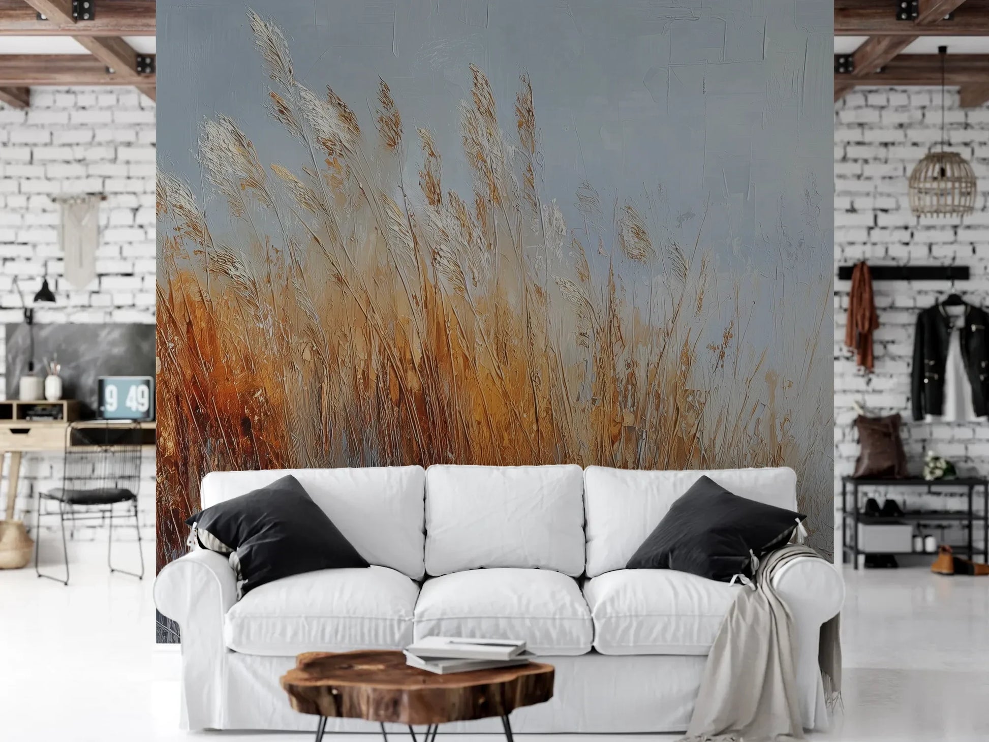 Wzór fototapety RUSTIC SERENADE - tapeta z jesiennymi trawami w ciepłych barwach pokazanej w aranżacji salonu.