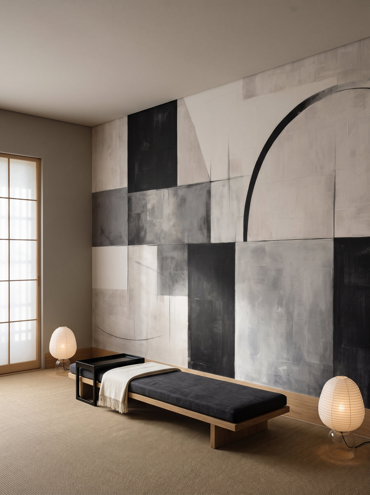 Fototapeta artystyczna o nazwie Circular Elegance w aranżacji wnętrza: hotelowy salon w duchu Kioto.