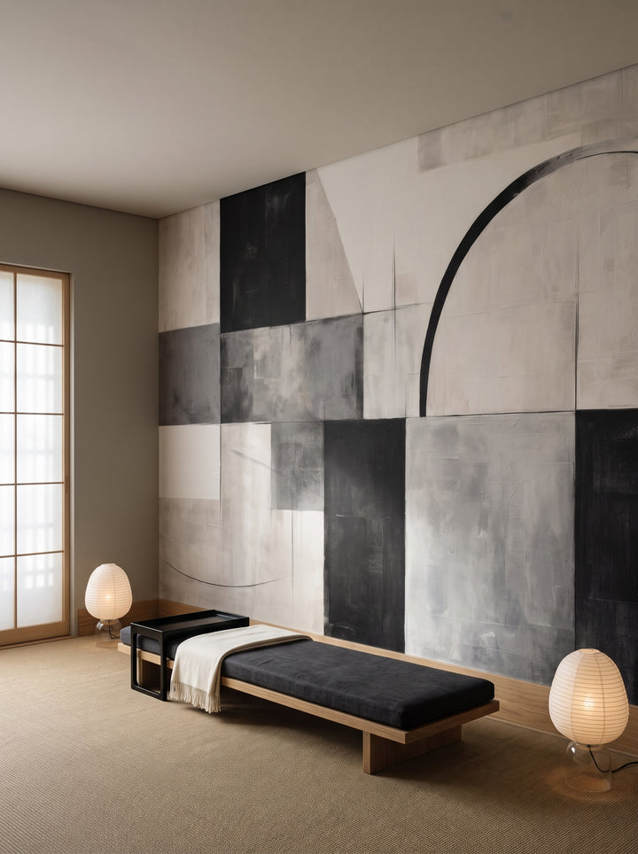 Fototapeta artystyczna o nazwie Circular Elegance w aranżacji wnętrza: hotelowy salon w duchu Kioto.