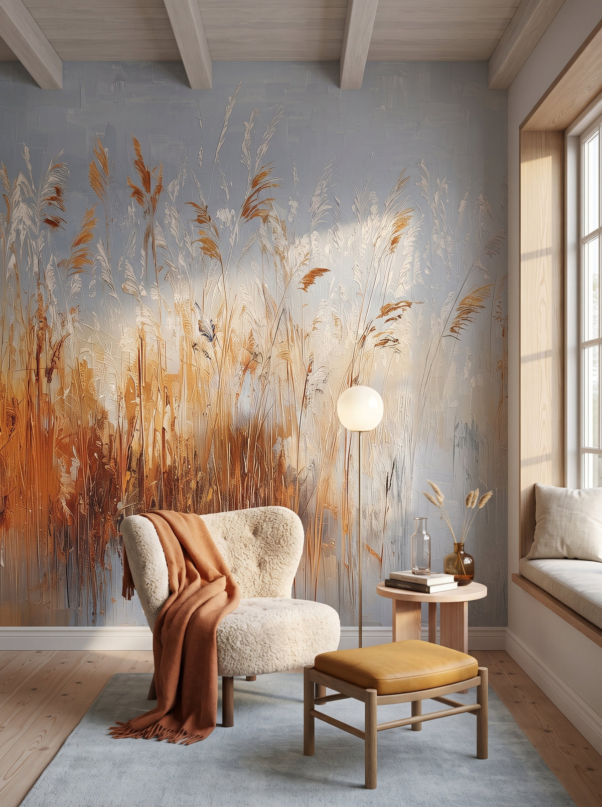Künstlerische Fototapete „RUSTIC SERENADE“ im Interieur: Leseecke in einer skandinavischen Villa.