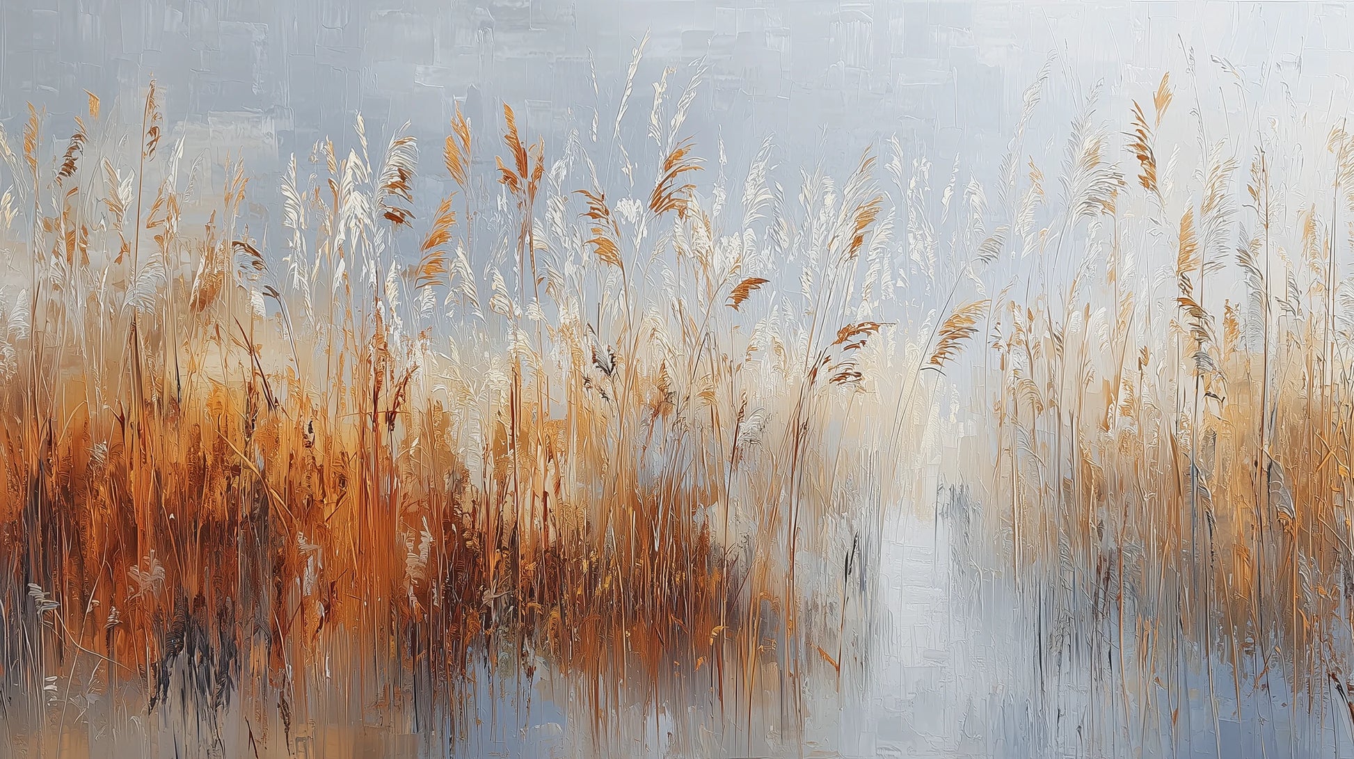 Prezentacja całego wzoru fototapety o nazwie RUSTIC SERENADE - tapeta z malarską impresją traw o zachodzie słońca