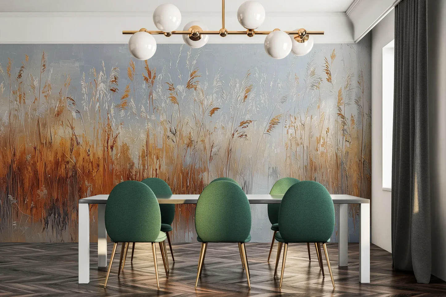 Fototapeta RUSTIC SERENADE - tapeta z malarską impresją traw o zachodzie słońca pokazana w aranżacji jadalni.