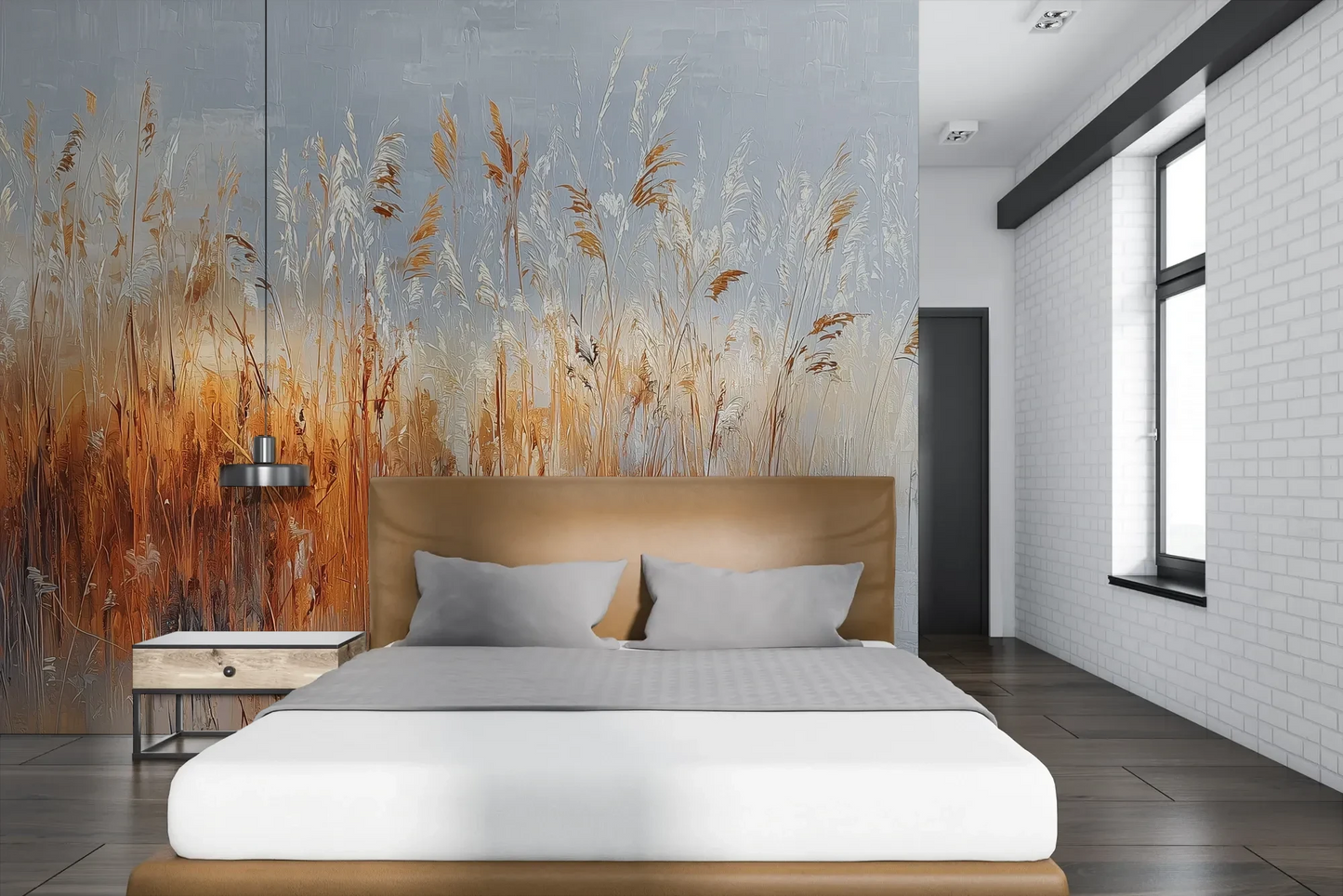 Wzór fototapety RUSTIC SERENADE - tapeta z malarską impresją traw o zachodzie słońca pokazanej w aranżacji sypialni.