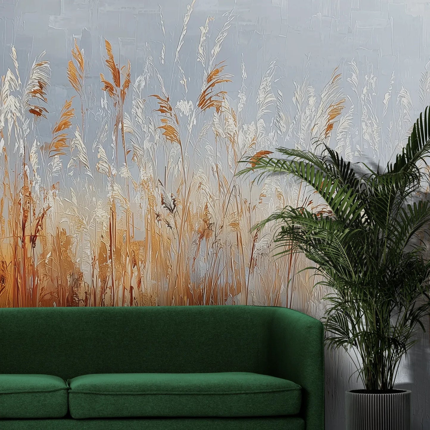 Fototapeta RUSTIC SERENADE - tapeta z malarską impresją traw o zachodzie słońca pokazana w aranżacji wnętrza z akcentem na ścianie.