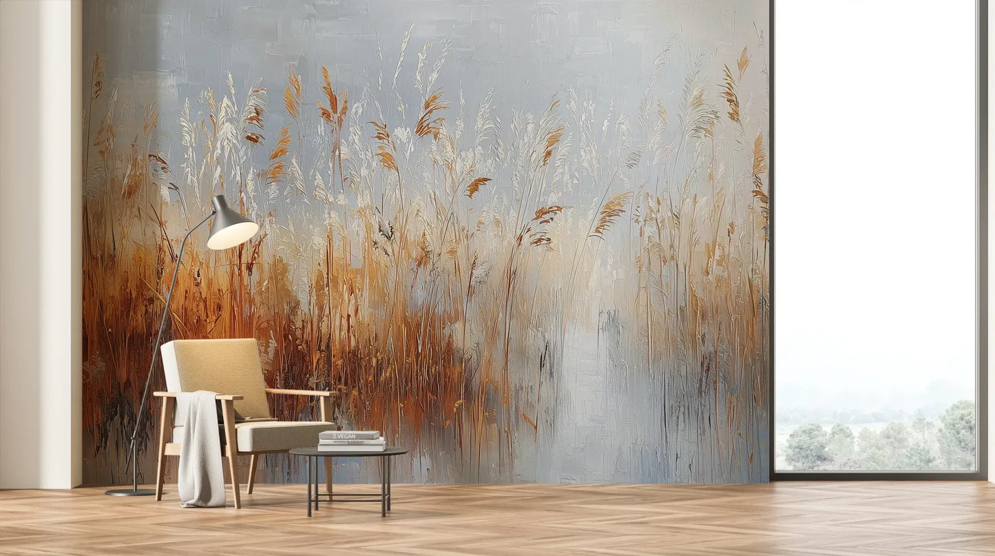 Wzór fototapety RUSTIC SERENADE - tapeta z malarską impresją traw o zachodzie słońca pokazanej w aranżacji salonu.