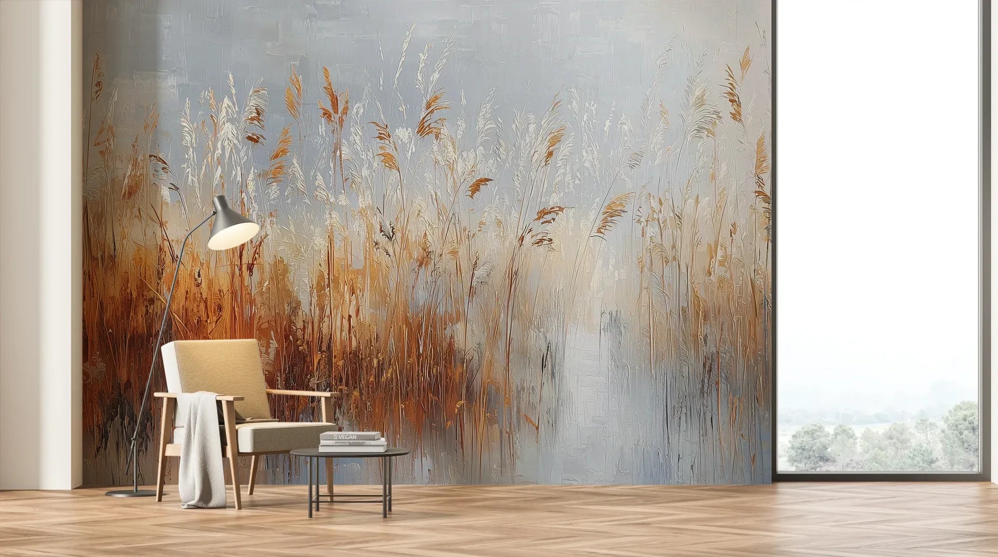Wzór fototapety RUSTIC SERENADE - tapeta z malarską impresją traw o zachodzie słońca pokazanej w aranżacji salonu.