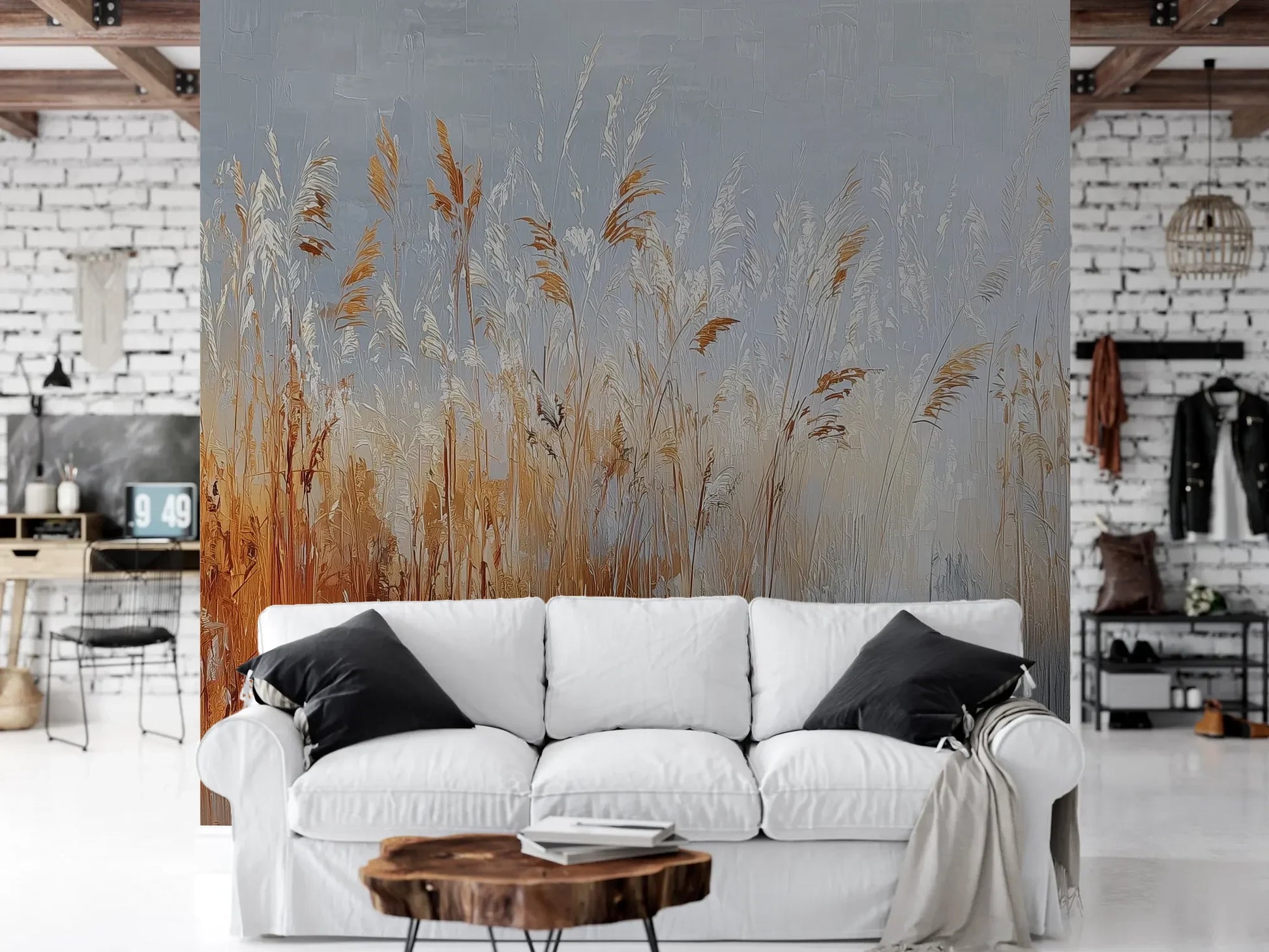 Wzór fototapety RUSTIC SERENADE - tapeta z malarską impresją traw o zachodzie słońca pokazanej w aranżacji salonu.