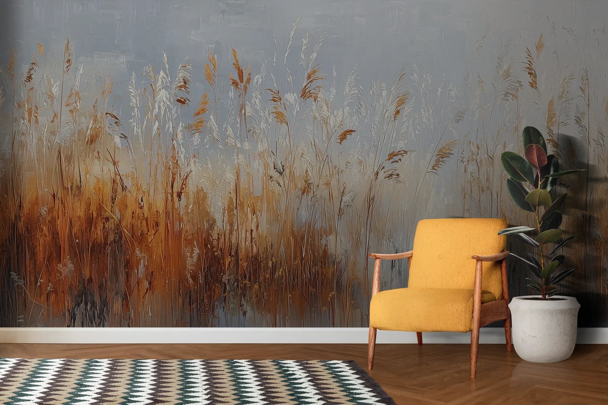 Wzór fototapety RUSTIC SERENADE - tapeta z malarską impresją traw o zachodzie słońca pokazanej w aranżacji salonu.