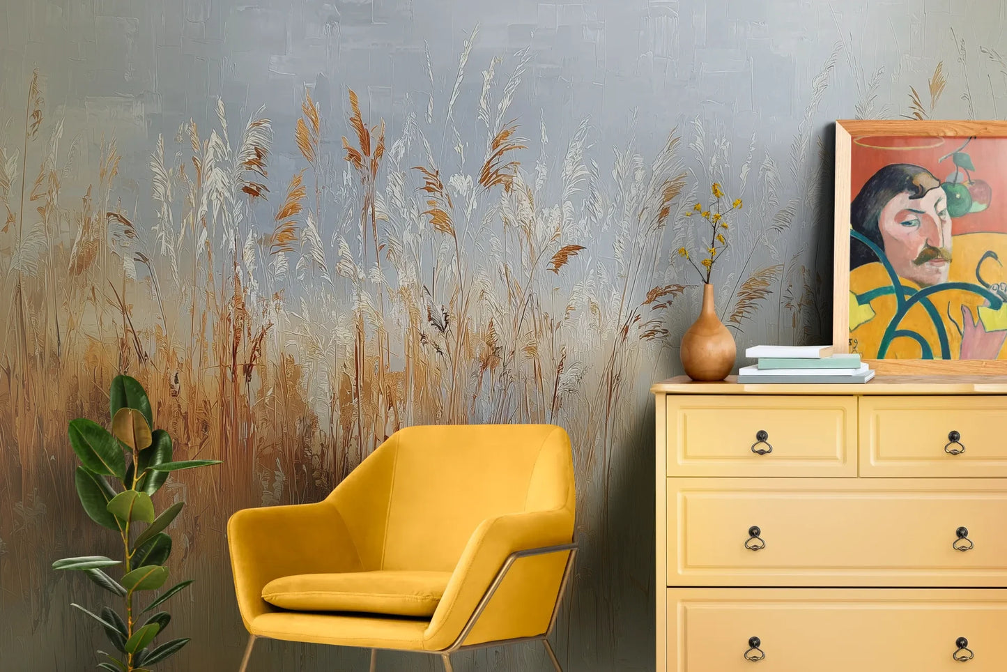 Wzór fototapety RUSTIC SERENADE - tapeta z malarską impresją traw o zachodzie słońca pokazanej w aranżacji salonu.