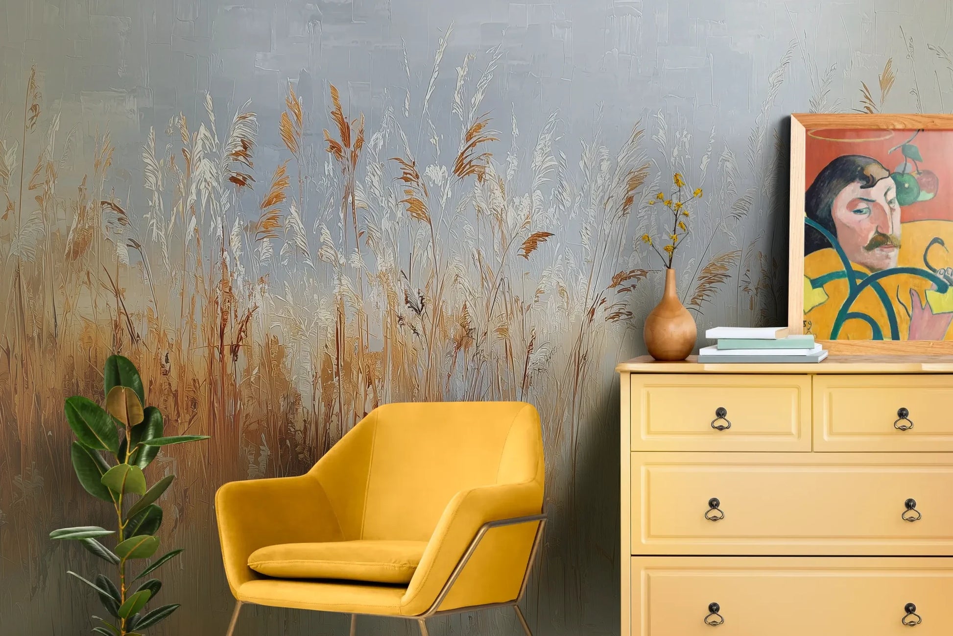 Wzór fototapety RUSTIC SERENADE - tapeta z malarską impresją traw o zachodzie słońca pokazanej w aranżacji salonu.