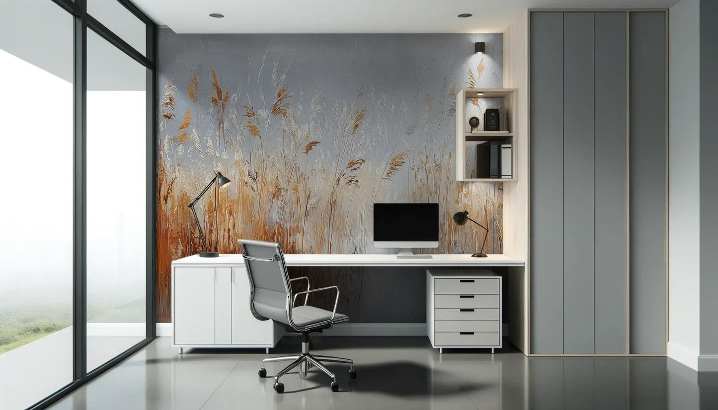 Fototapeta RUSTIC SERENADE - tapeta z malarską impresją traw o zachodzie słońca pokazana w aranżacji biura.