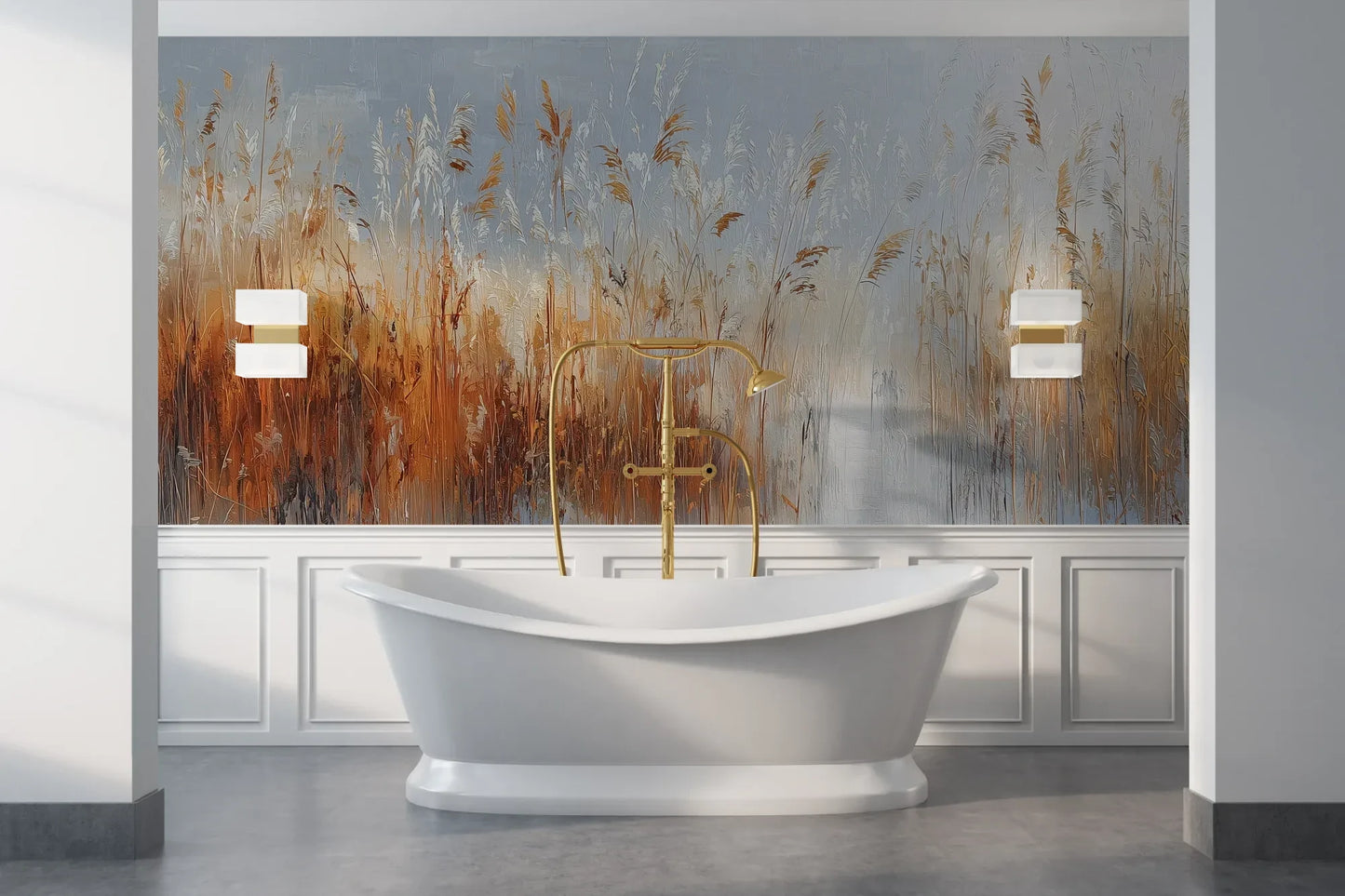 Wzór fototapety RUSTIC SERENADE - tapeta z malarską impresją traw o zachodzie słońca pokazanej w aranżacji łazienki.