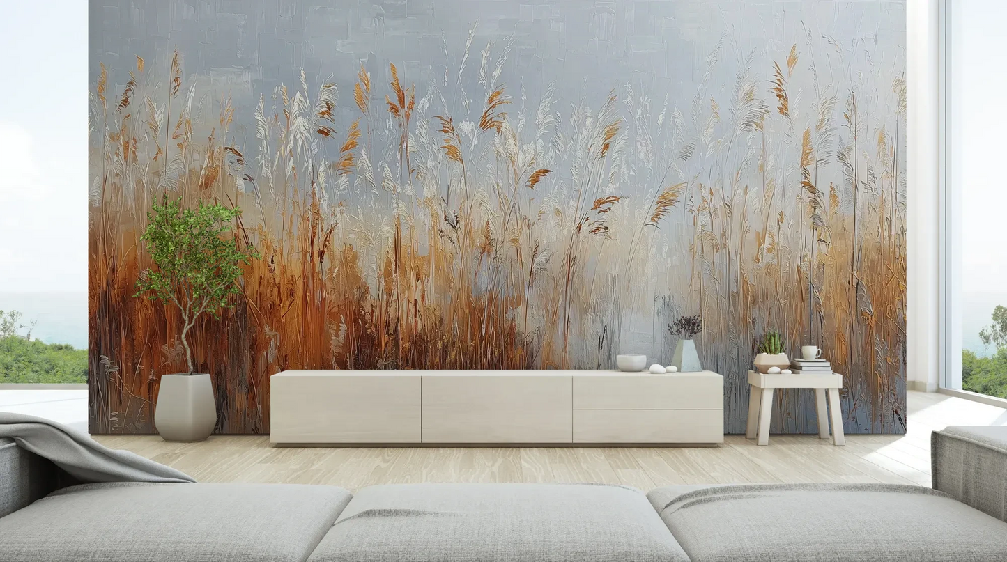 Wzór fototapety RUSTIC SERENADE - tapeta z malarską impresją traw o zachodzie słońca pokazanej w aranżacji salonu.