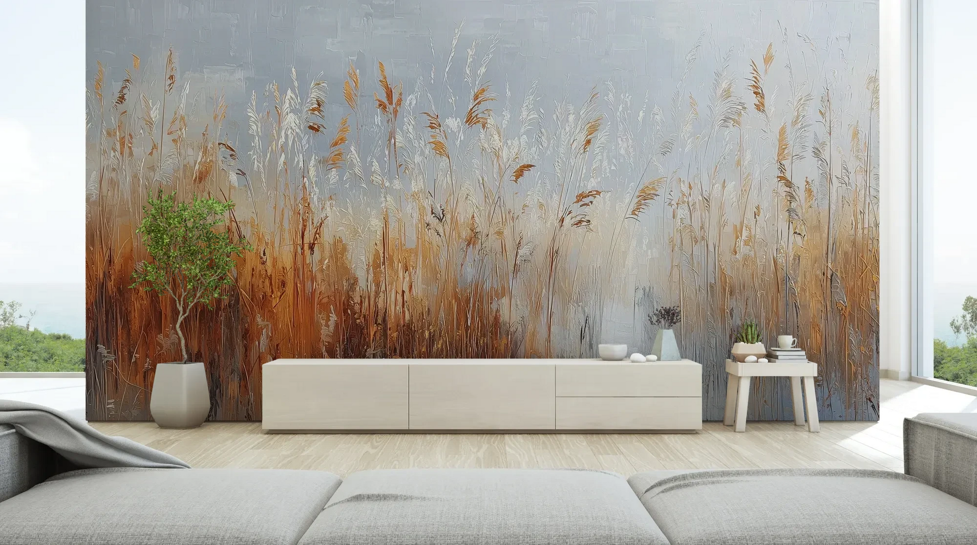 Wzór fototapety RUSTIC SERENADE - tapeta z malarską impresją traw o zachodzie słońca pokazanej w aranżacji salonu.