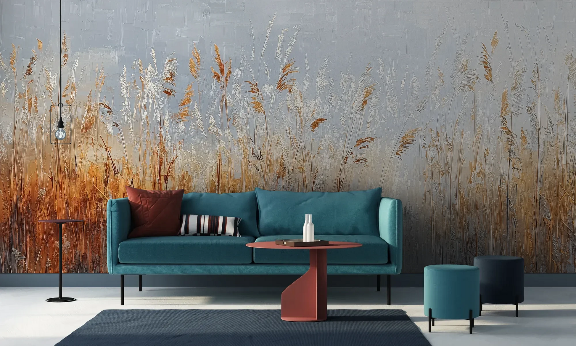 Wzór fototapety RUSTIC SERENADE - tapeta z malarską impresją traw o zachodzie słońca pokazanej w aranżacji salonu.