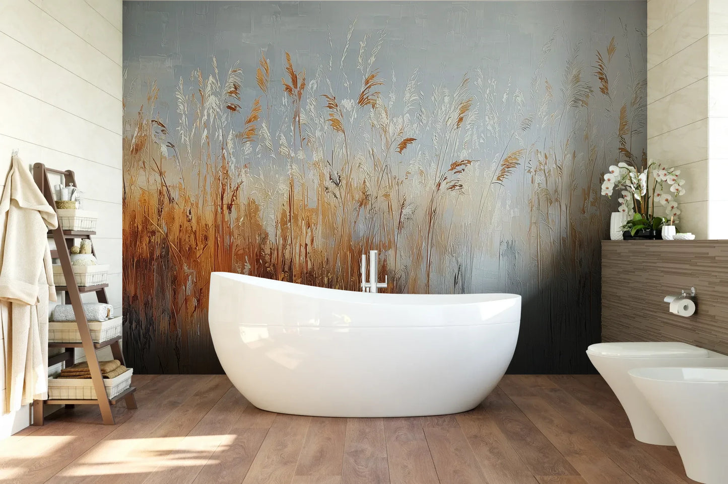 Wzór fototapety RUSTIC SERENADE - tapeta z malarską impresją traw o zachodzie słońca pokazanej w aranżacji łazienki.