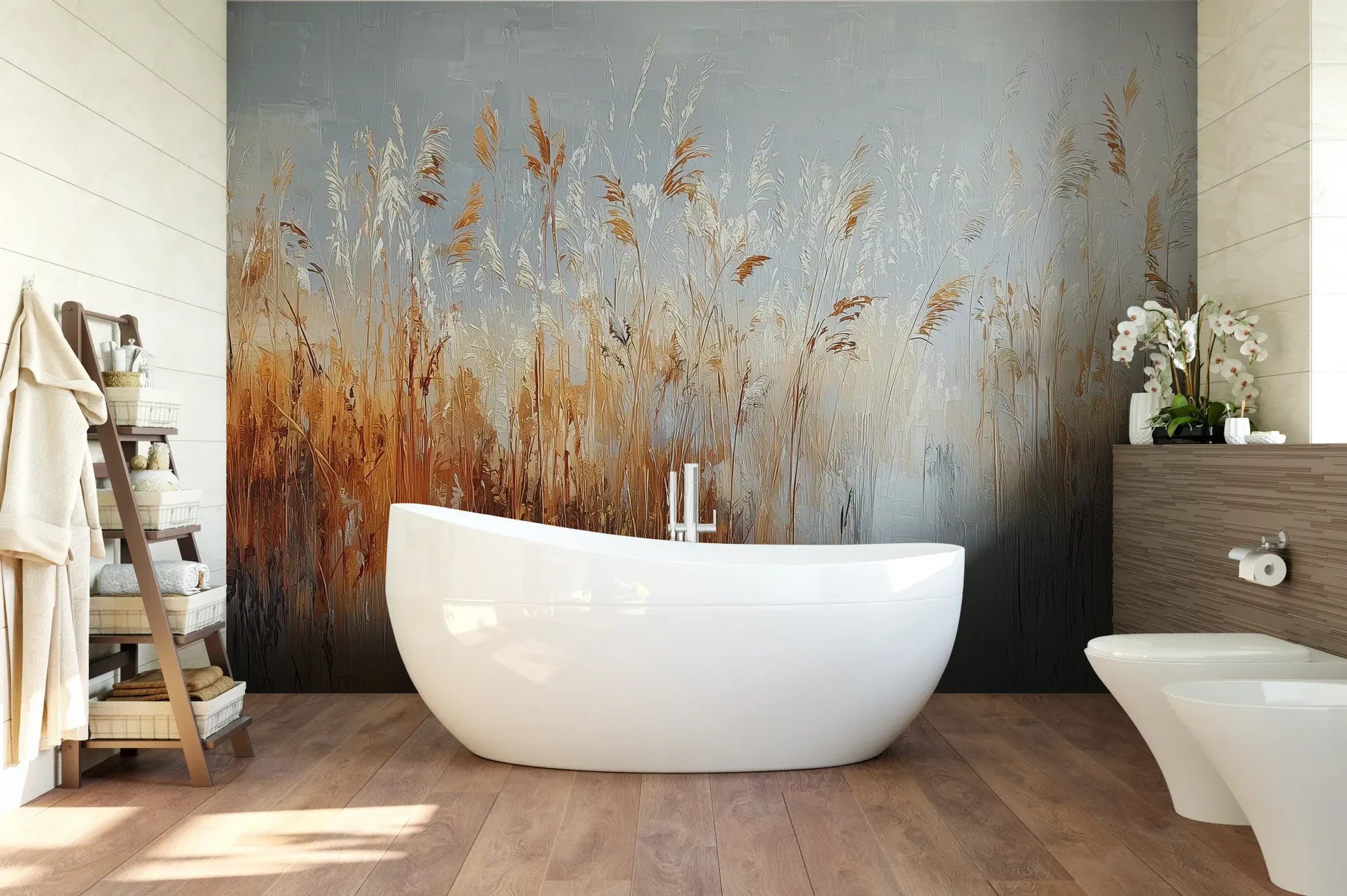 Wzór fototapety RUSTIC SERENADE - tapeta z malarską impresją traw o zachodzie słońca pokazanej w aranżacji łazienki.