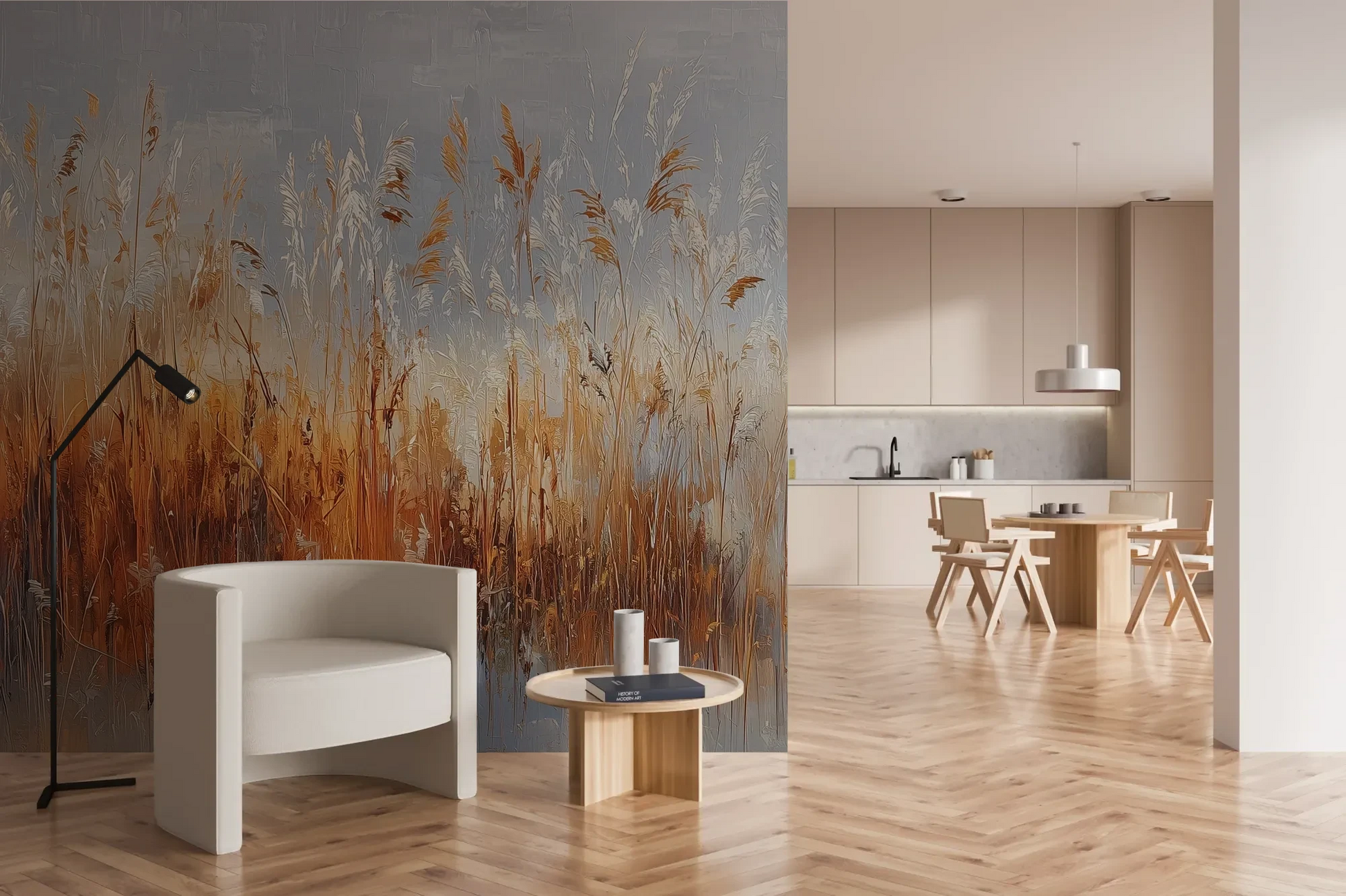 Wzór fototapety RUSTIC SERENADE - tapeta z malarską impresją traw o zachodzie słońca pokazanej w aranżacji kuchni.