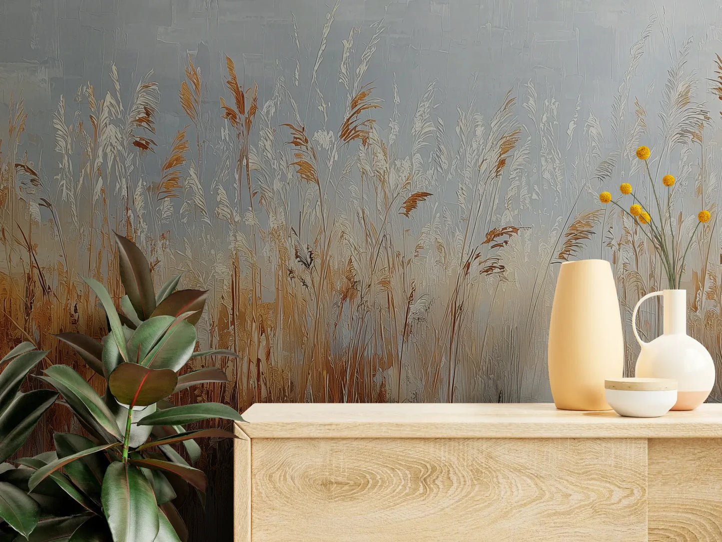 Fototapeta RUSTIC SERENADE - tapeta z malarską impresją traw o zachodzie słońca pokazana w aranżacji wnętrza z akcentem na ścianie.