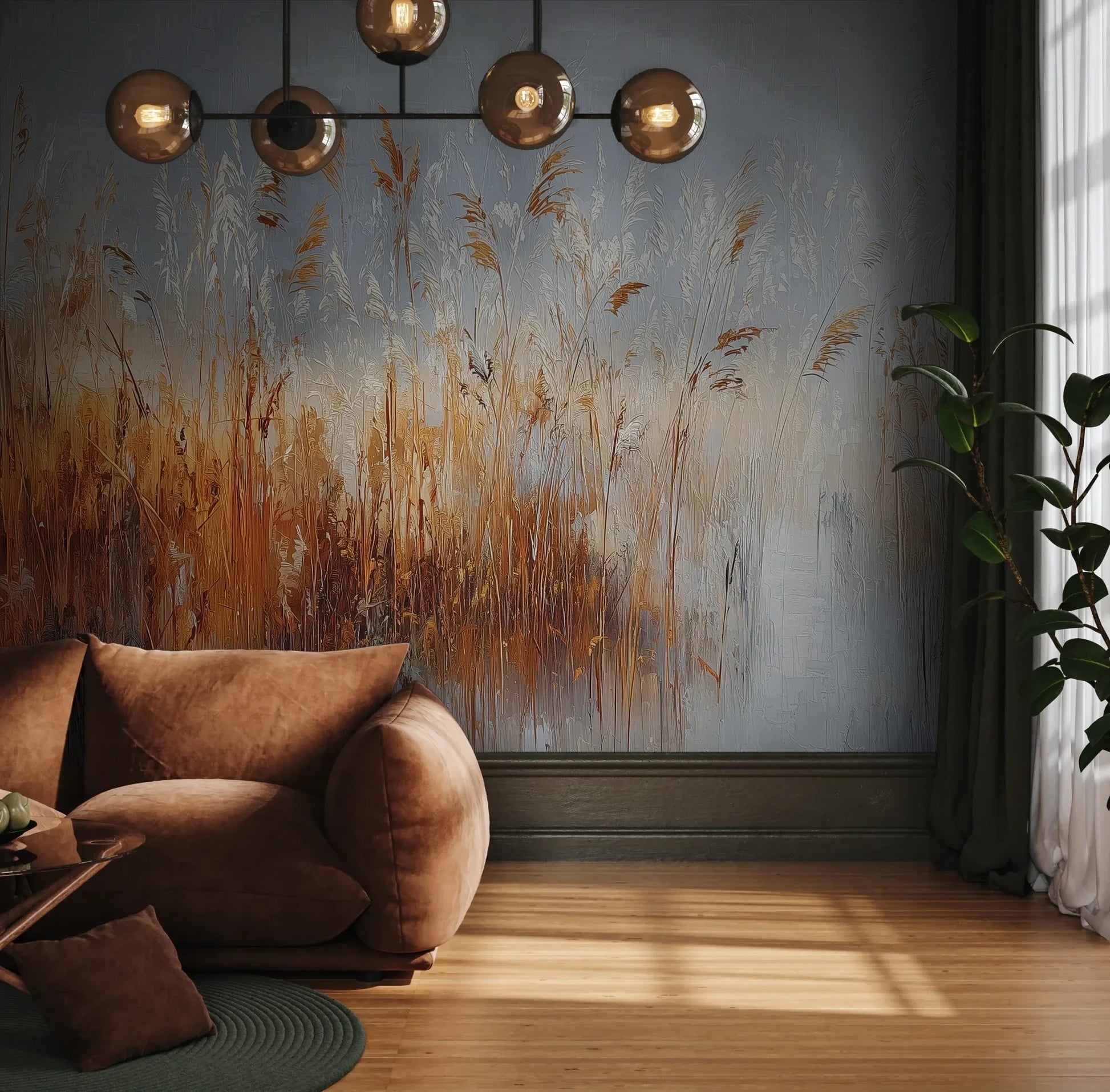 Fototapeta RUSTIC SERENADE - tapeta z malarską impresją traw o zachodzie słońca pokazana w aranżacji wnętrza z akcentem na ścianie.