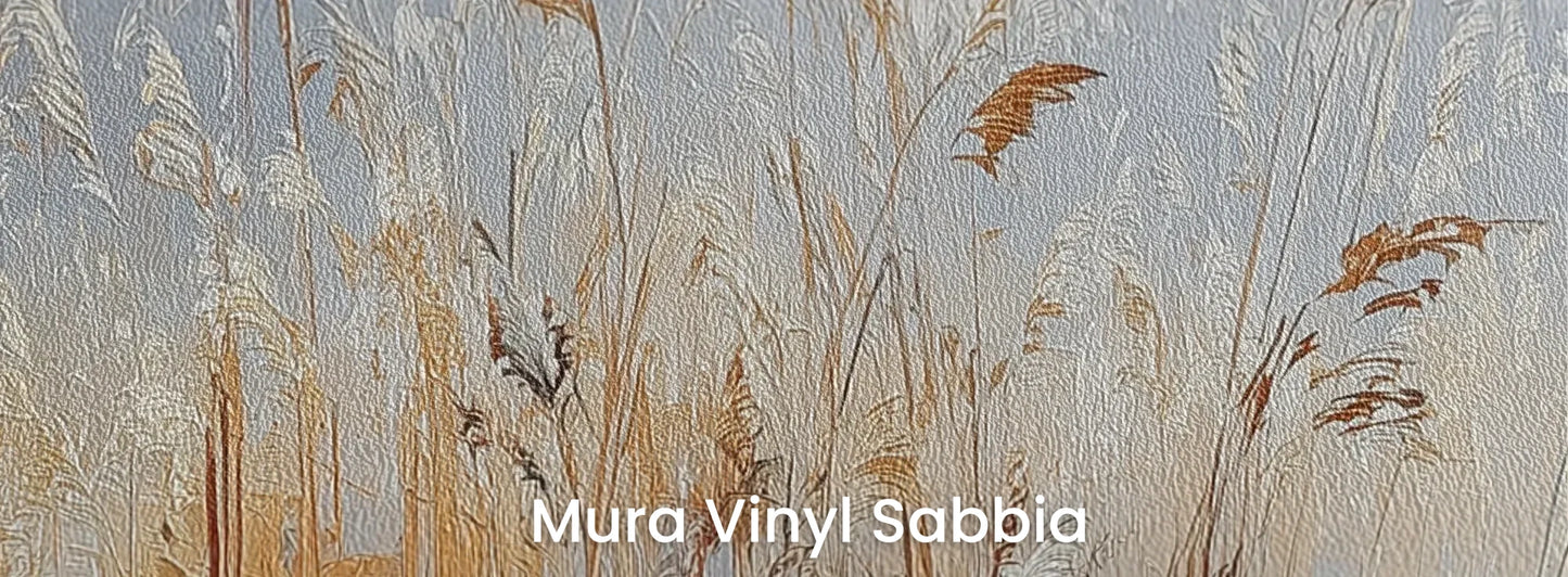 Zbliżenie na fototapetę RUSTIC SERENADE - tapeta z malarską impresją traw o zachodzie słońca na podłożu o strukturze ziarna piasku.