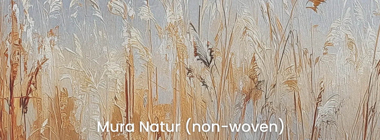 Zbliżenie na fototapetę RUSTIC SERENADE - tapeta z malarską impresją traw o zachodzie słońca na naturalnym podłożu ekologicznym.